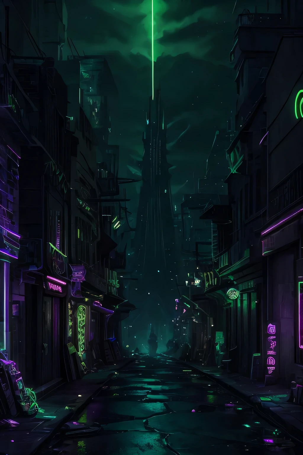 A random street of Commorragh, dark, few neon lights in green, minimal trash on the sides, dark eldar in the distance, chains connecting the façades of the buildings, drukhari, buildings are spikey and spires, sky is swirly with planets close by
