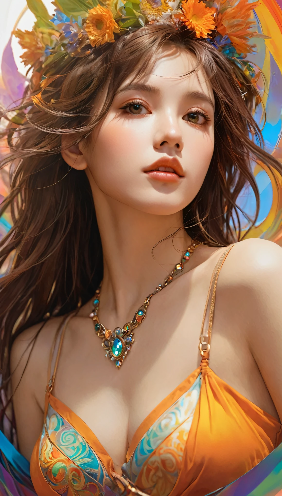 best quality, masterpiece, high resolution,1 Girl,Pretty Face, naked体, naked, rich and colorful, burst, Art Station, concept art, Smooth, Clear focus, illustration, Fantasy magical atmosphere, Artgerm、Artwork by Greg Rutkowski and Alphonse Mucha