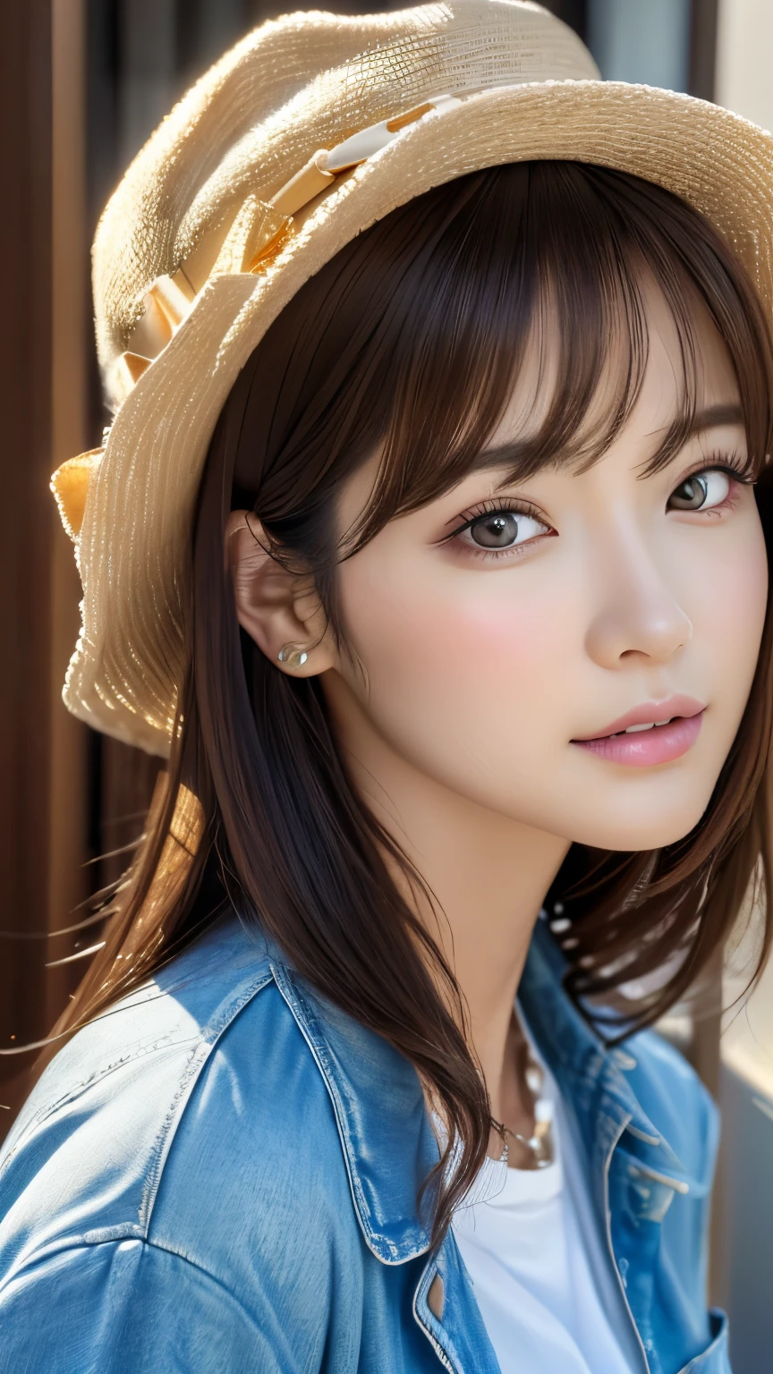 (photorealistic, 32k, RAW photo, best quality: 1.5), (masterpiece:1.3), (absurdres, attractive, ultra high resolution, ultra realistic, highly detailed, golden ratio, ultra detailed), (Beautiful Japanese teenager female, super fucking beautiful detailed face), natural makeup, detailed cloth texture, detailed hair texture, beautiful detailed fullbody, Perfect female body, accurate, Anatomically correct, Highly detailed face and skin texture, (beautiful hands), (realistic skin), (beautiful pale skin:1.1), (Perfect dynamic composition, looking at viewer:1.3), (full body shot:1.3),
BREAK,
realistic eyes, beautiful detailed eyes, symmetric eyes, Light Brown eyes, Double eyelids, Thin eyebrows, (Glossy lips:1.4), ((A face with waiting for a kiss, Shy Smile:1.2)), (blush:1.1),
BREAK,
((short hair, bob, Dark blonde hair, bangs:1.2)), (Sunny day, Sitting at a tourist spot in Japan:1.3), (white blouse, black jumper dress, straw boater hat :1.4),