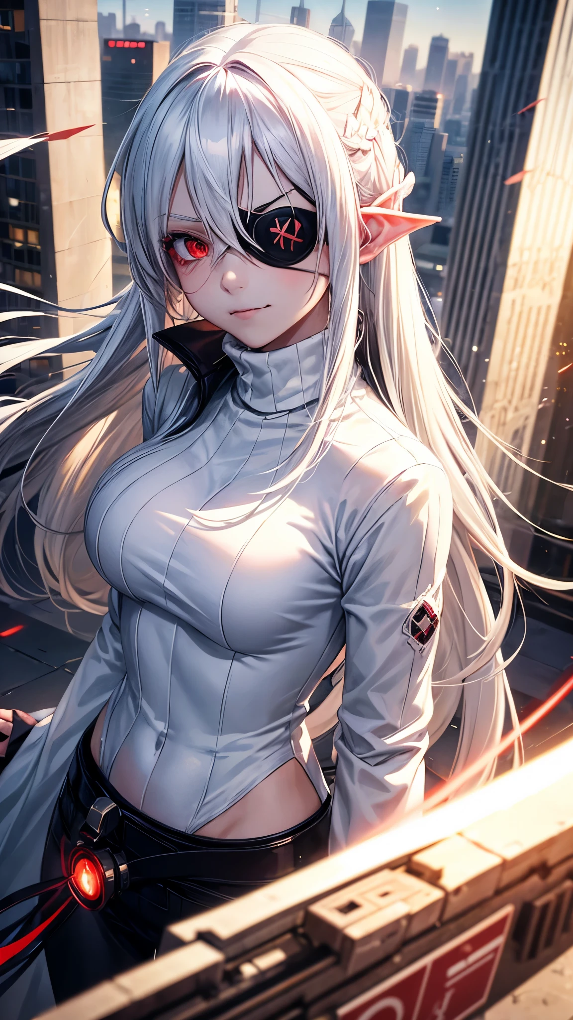 1girl, (solo), anime girl with long white hair and red eyes, girl with white hair, girl in white turtleneck, ((eyepatch)), pointed ears, ((vampire)), smirk, smug, closed mouth, cowboy shot, perfect white haired girl, white haired deity, digital cyberpunk anime art, turtleneck, lens flare, ((dramatic lighting)), soft glowing red eyes, extremely detailed, masterpiece, looking at viewer, city in background, (night)