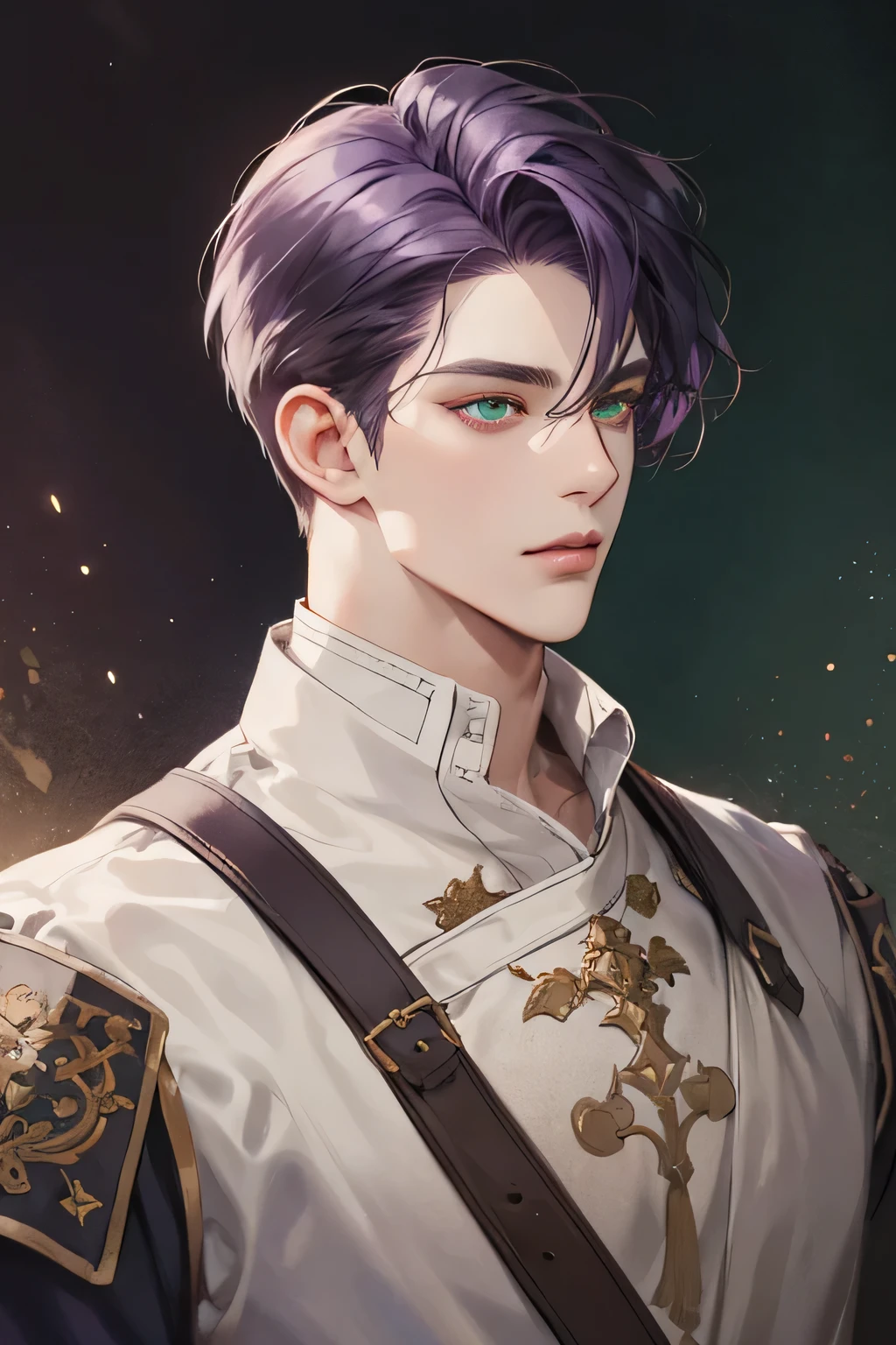 (Best quality),adult,1 manly, male, mature, very tall, elegant, (((very short dark purple hair))), green mint eyes, perfect eyes, dark purple hair, medieval fantasy style, richly textured background, soft lighting, portrait style, painting style, deep colors, half body, perfect, half body, big body