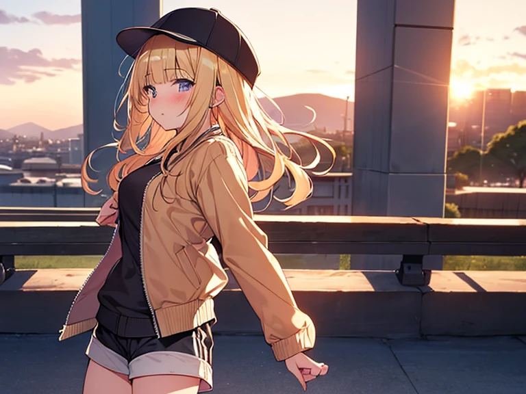 Masterpiece, Top quality, 1 beautiful girl, Blonde, medium Hair, wavy Hair, blunt bangs, silky hair, 17 year old, standard weight, medium breasts, (cool jacket, Shorts :1.3), cap, happy, blush, beautiful scene of park, blurry background, back lighting, magnificent panorama view, sunset, from side