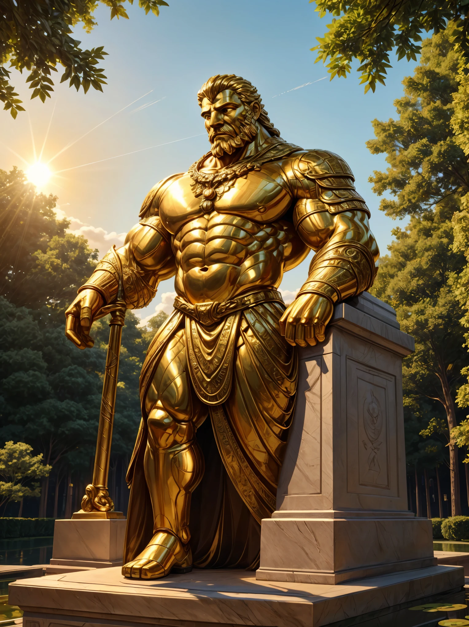 (golden man statue,solid gold,/mechanized/enormous size,life-size, /weighty,heavily carved muscles,massive biceps:1.2,craggy ancient face,stoic expression,glistening gold textures/slightly oxidized patina:0.9,sunlight glinting off the surface,eyes filled with wisdom,regal pose/dignified posture/with chest out,plinth,set in a park/overlooking a pond,peaceful atmosphere,lush greenery,sun-dappled trees,bronze plaque affixed to the plinth,inscription in honor of an influential figure)
(best quality,4k,ultra-detailed,highres),sculptural masterpiece,marvel of craftsmanship,impressive craftsmanship,realistic,life-like,sculptural details,delicate chisel marks/engravings,subtle nuances of form,sharp contrasts of shadows and highlights,professional studio lighting/studio lighting)
(prompted by the subject of public art),monumental (statue),giant/colossal(golden figure),protecting/watching over(city,park,a peaceful site),symbolizing(power,strength,resilience),conveying(perseverance,authority,honor)
(vivid colors,rich hues,tones of gold and bronze,soft golden sunlight/ethereal light,chiaroscuro lighting effect,subtle shadows,illuminated focal point)
Hint:
To maximize the chances of generating a high-quality image, you can make the main theme clearer and add more specific details to the prompt.