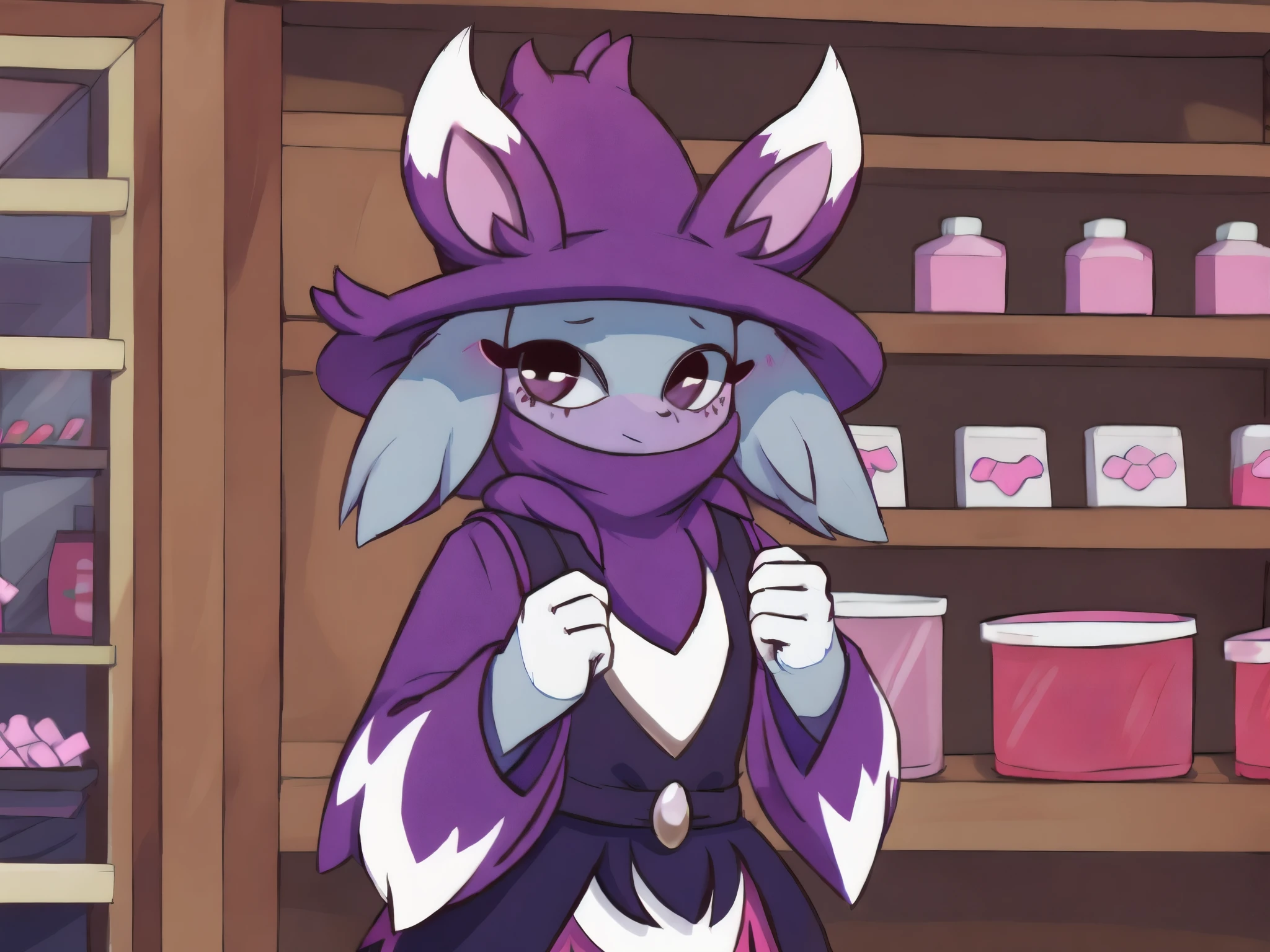 katress, anthro, solo, girl, standing, In a shop, wanting candy, beady eyes, looking cute