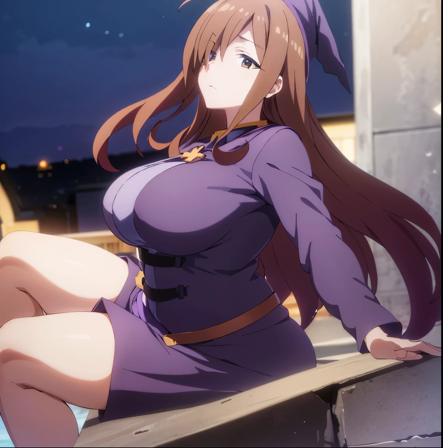 1 girl, alone, Wiz, masterpiece, best quality, anime coloring, hair over one eye, long brown hair, brown eyes, (purple witch costume: 1.4), purple hat, purple blouse, neckline, bare waist, purple skirt , bare legs, black pantyhose, room, bedroom, night, good lighting, sitting on the bed, legs open, frown, arms crossed, blue sky, big breasts, medium waist, wide hips, medium thighs, round butt, face to the viewer, from the front, point of view (from below), perfect hands, perfect anatomy