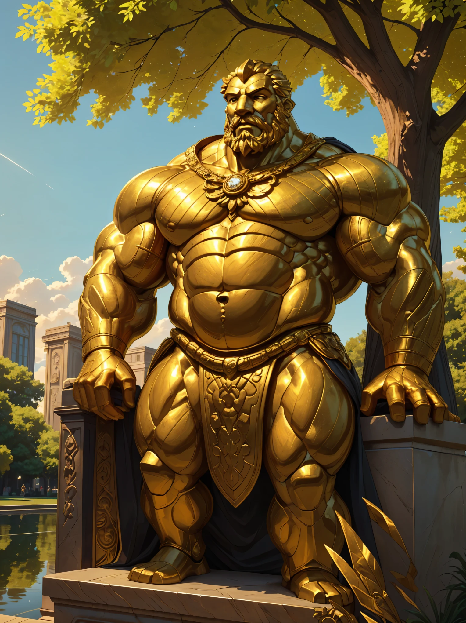 (golden man statue,solid gold,/mechanized/enormous size,life-size, /weighty,heavily carved muscles,massive biceps:1.2,craggy ancient face,stoic expression,glistening gold textures/slightly oxidized patina:0.9,sunlight glinting off the surface,eyes filled with wisdom,regal pose/dignified posture/with chest out,plinth,set in a park/overlooking a pond,peaceful atmosphere,lush greenery,sun-dappled trees,bronze plaque affixed to the plinth,inscription in honor of an influential figure)
(best quality,4k,ultra-detailed,highres),sculptural masterpiece,marvel of craftsmanship,impressive craftsmanship,realistic,life-like,sculptural details,delicate chisel marks/engravings,subtle nuances of form,sharp contrasts of shadows and highlights,professional studio lighting/studio lighting)
(prompted by the subject of public art),monumental (statue),giant/colossal(golden figure),protecting/watching over(city,park,a peaceful site),symbolizing(power,strength,resilience),conveying(perseverance,authority,honor)
(vivid colors,rich hues,tones of gold and bronze,soft golden sunlight/ethereal light,chiaroscuro lighting effect,subtle shadows,illuminated focal point)
Hint:
To maximize the chances of generating a high-quality image, you can make the main theme clearer and add more specific details to the prompt.