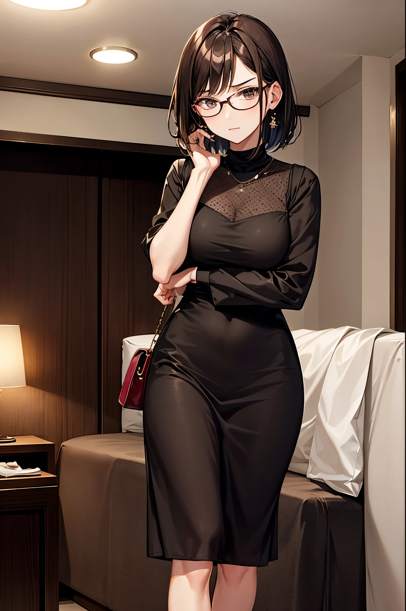 Hotel at night,Inside the room,whole body,30-year-old woman,office lady,Slender body,she wears heavy makeup,She wears glasses,Brown short bob hair,anger,Glare,Severe,Cross your arms,(She is wearing a maxi-length dot casual dress.,pumps)