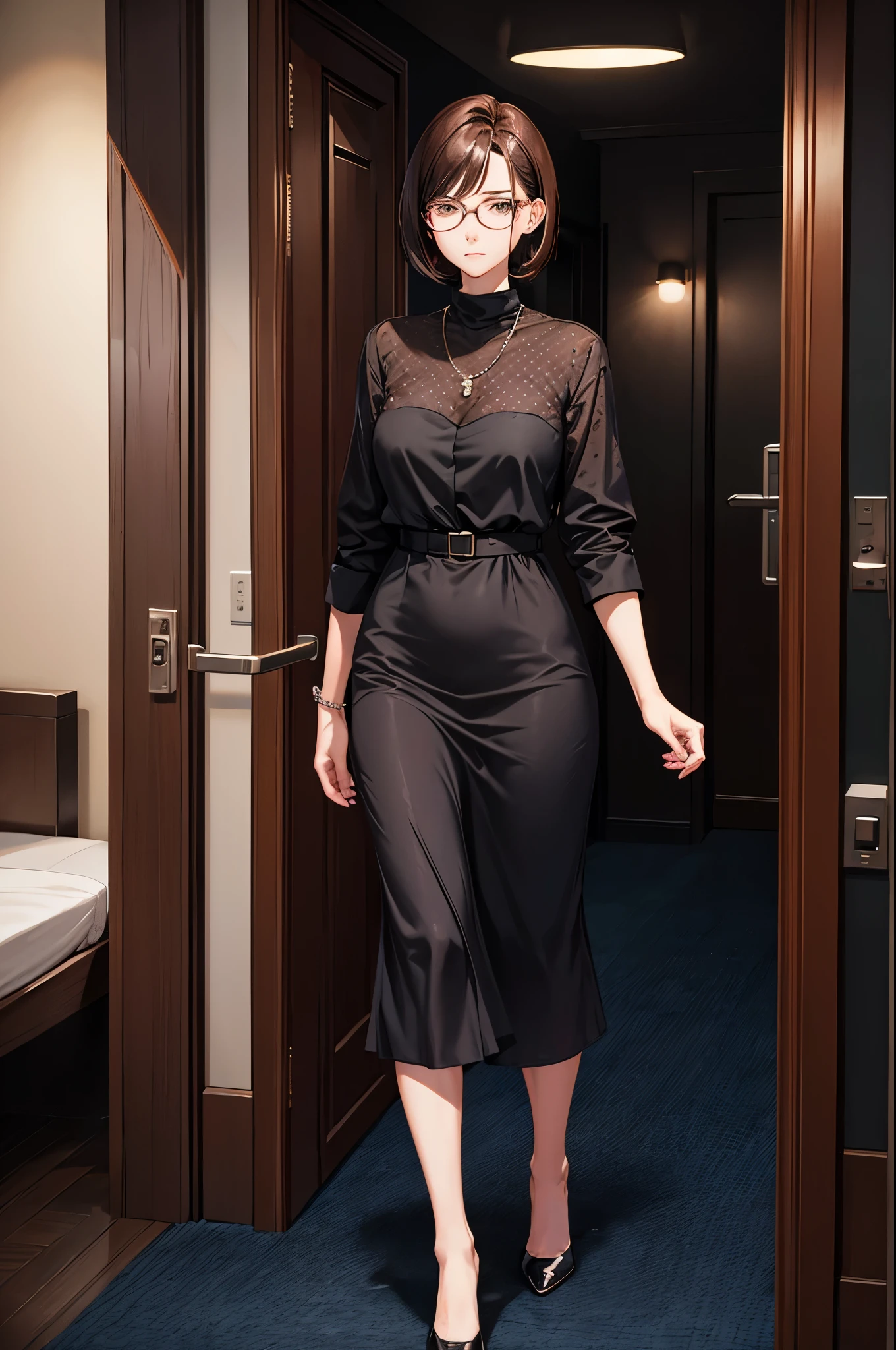 Hotel at night,Inside the room,whole body,30-year-old woman,office lady,Slender body,she wears heavy makeup,She wears glasses,Brown short bob hair,anger,Glare,Severe,Cross your arms,(She is wearing a maxi-length dot casual dress.,pumps)