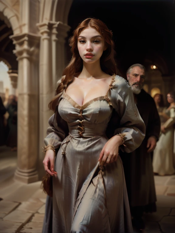 (best quality,8k,masterpiece:1.2),oil painting of a the most beautiful girl named Simonetta, 1girl, 2men, big head, short neck, pretty face, ((face of Simonetta), detailed face, round cheeks, detailed eyes, gray eyes, big eyes, ((full lips)), (fully clothed, medieval setting, Portrait, ((one girl is standing leashed between two tall bearded men)), (full-body), full cleavage, full lips, soft skin, wearing a poor wool dress, dreamy look, people in the background, (detailed background with elements of a medieval marketplace), oil painting, American shot