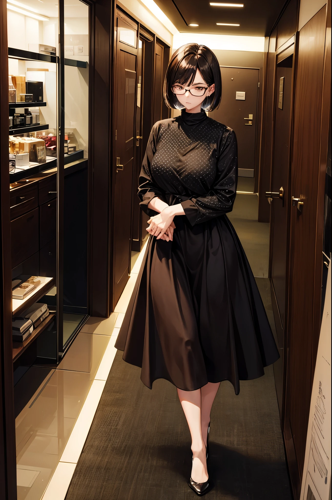 Hotel at night,Inside the room,whole body,30-year-old woman,office lady,Slender body,she wears heavy makeup,She wears glasses,Brown short bob hair,anger,Glare,Severe,Cross your arms,(She is wearing a maxi-length dot casual dress.,pumps)