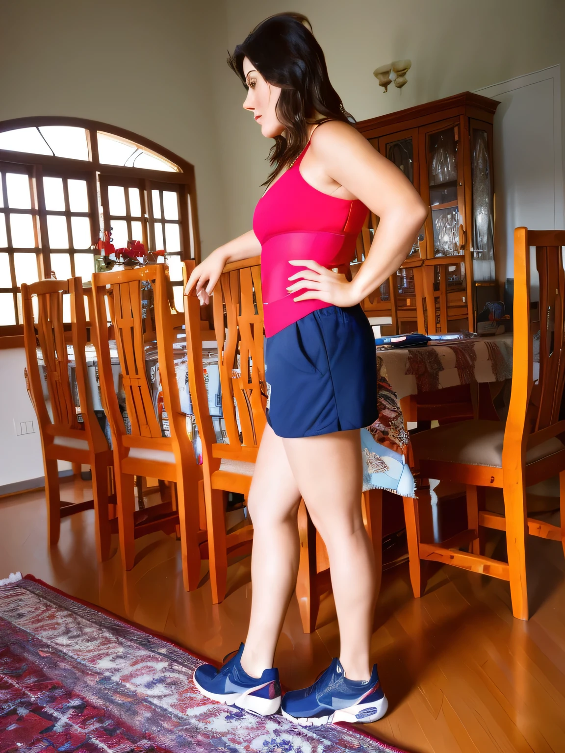 there is a woman standing on a rug in a room, side shot, side pose, side portrait, wearing red shorts, in shorts, side view of her taking steps, sport bra and dark blue shorts, short robust woman, full length view, side profile shot, lunging at camera :4, posed in profile, from side, middle shot waist up