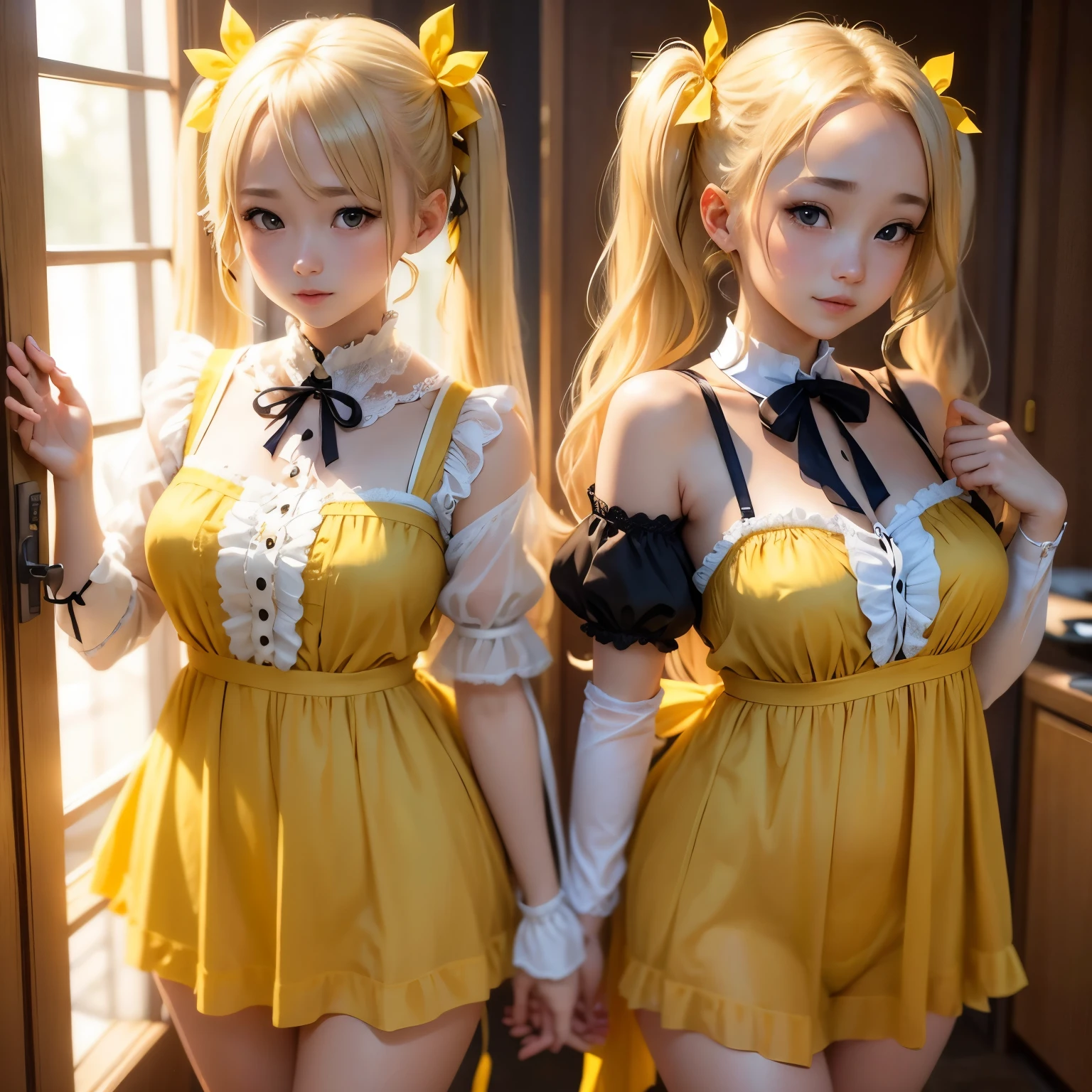 Blonde、young looking woman、Twin tails、Yellow ribbon hair accessory、Black fishnet stockings