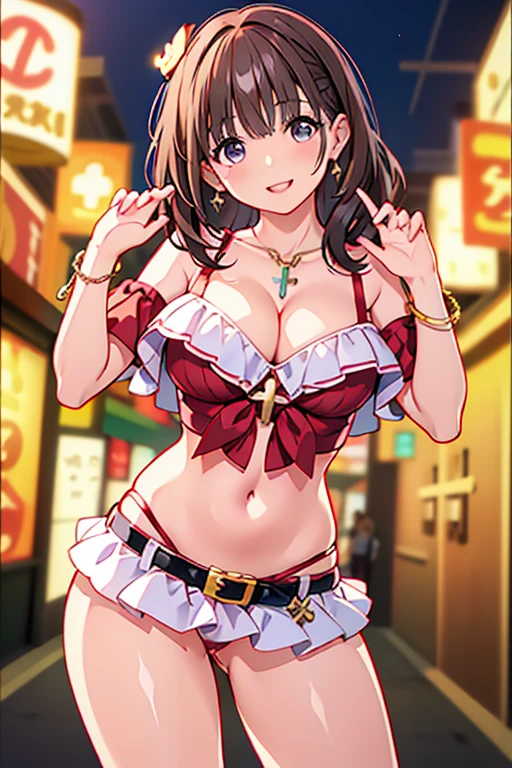 (NSFW)、Photorealistic perfect body、Ultra-high image quality、Ultra-high realistic image quality,(with sparkling eyes and a contagious smile),(her thin pubic hair:1.4),(Japan Gal:1.3)、(age face:0.8)、(cute bikini)、(twin)、(medium-breasted:1.2)、(cleavage of the breast:1.3)、(Gravure Pose:1.4)、(Cowboy Shot、Thigh up:1.2)、Waist slender、(bangss)、(brown hair color:1.1)、(voluminous curly hair:0.3)、(long hair:1.2)、(Chain Belt)、(good lighting)、(blurry backround)、A smile、Gal Style Makeup、Gal style earrings、Gal style bracelet、(Gal style long necklace、Cross Ornament:1.3)、shopping street,happy smile, smiling,((Very happy smile))、Show shoulders、Complex patterns and transparent materials、Artistic depiction of seductive women, Emphasizes her charming silhouette,