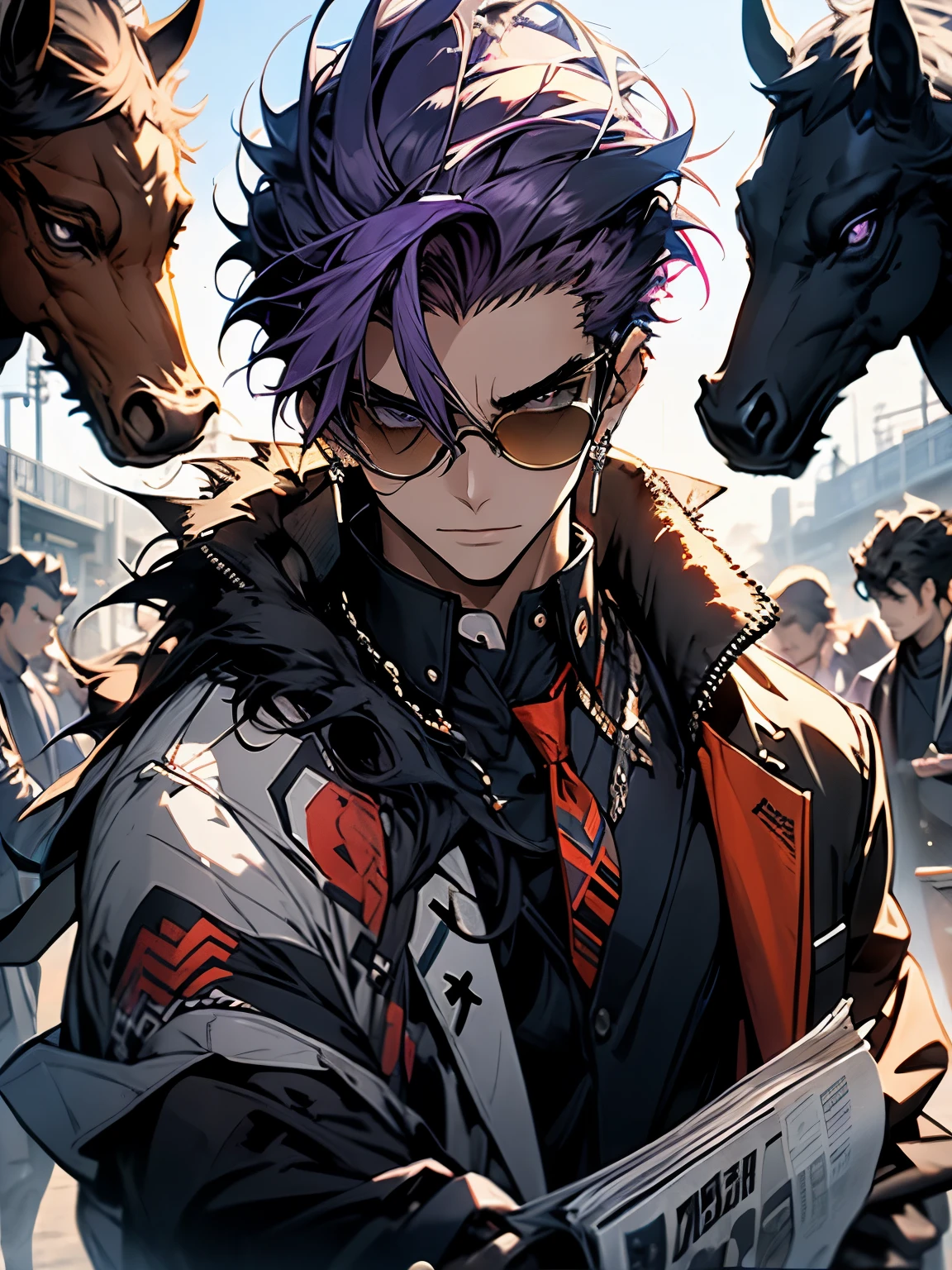 One Boy, Purple Hair, Slicked back hairstyle, Pointy purple sunglasses, Sharp Eyes, Lunch coat with fur around the neck, Blue T-shirt underneath, He is holding a horse racing newspaper in his hand., 