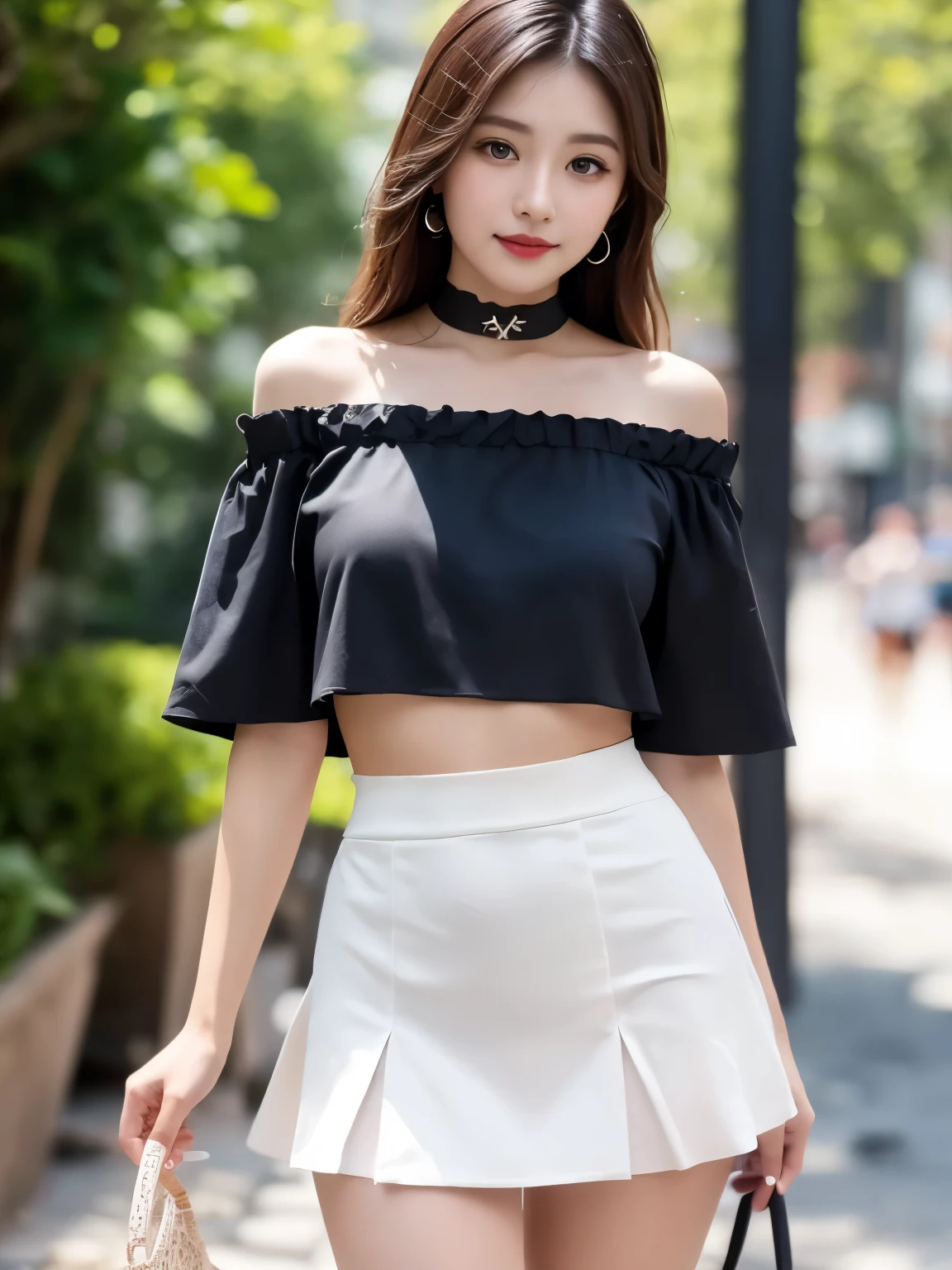 (highest quality, masterpiece), One girl, Intricate details, Off the shoulder, skirt, choker, Frills, See-through, View your viewers, blush, Upper Body, Blurred Background, Luxury Racing, Contrasting