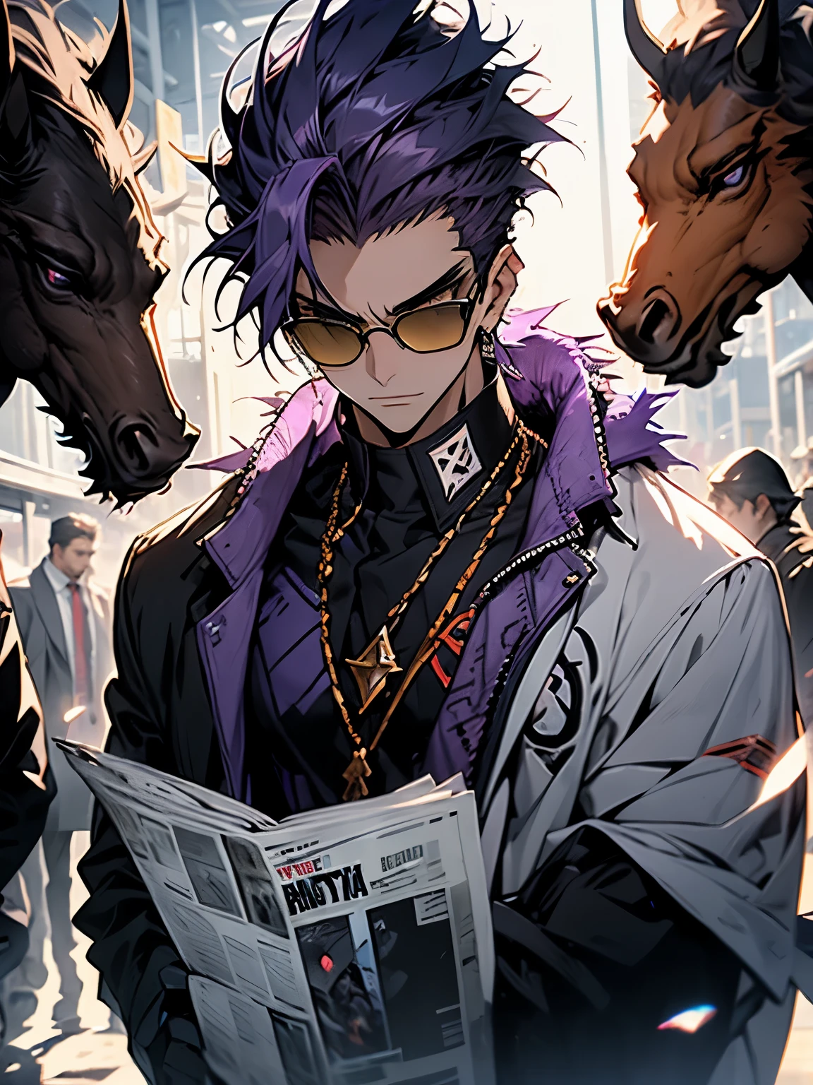 One Boy, Purple Hair, Slicked back hairstyle, Pointy purple sunglasses, Sharp Eyes, Lunch coat with fur around the neck, Blue T-shirt underneath, He is holding a horse racing newspaper in his hand., 