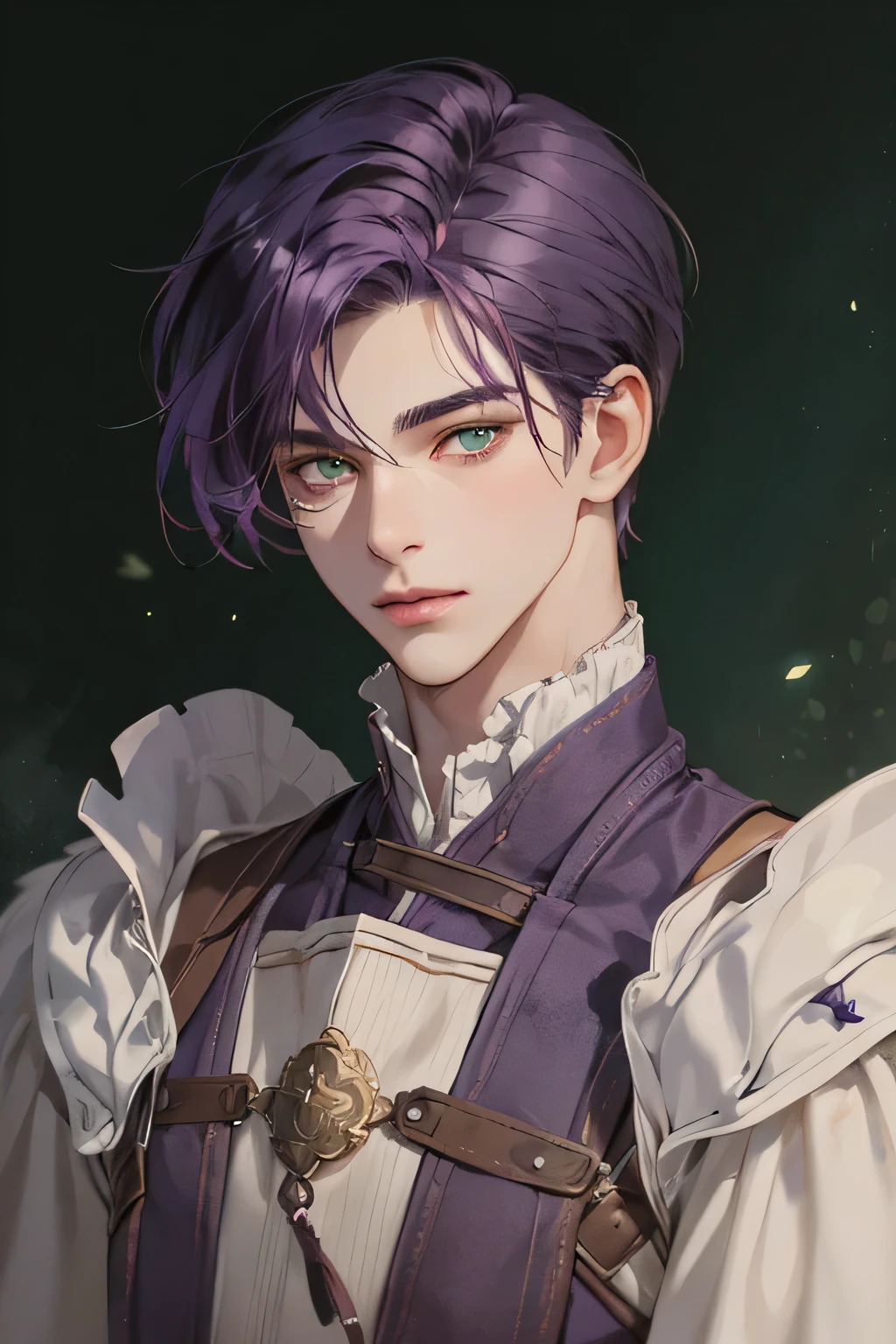 (Best quality),adult,1 manly, male, mature, very tall, elegant, (((very short dark purple hair))), green mint eyes, perfect eyes, dark purple hair, medieval fantasy style, richly textured background, soft lighting, portrait style, painting style, deep colors, half body, perfect, half body, big body, look at camera
