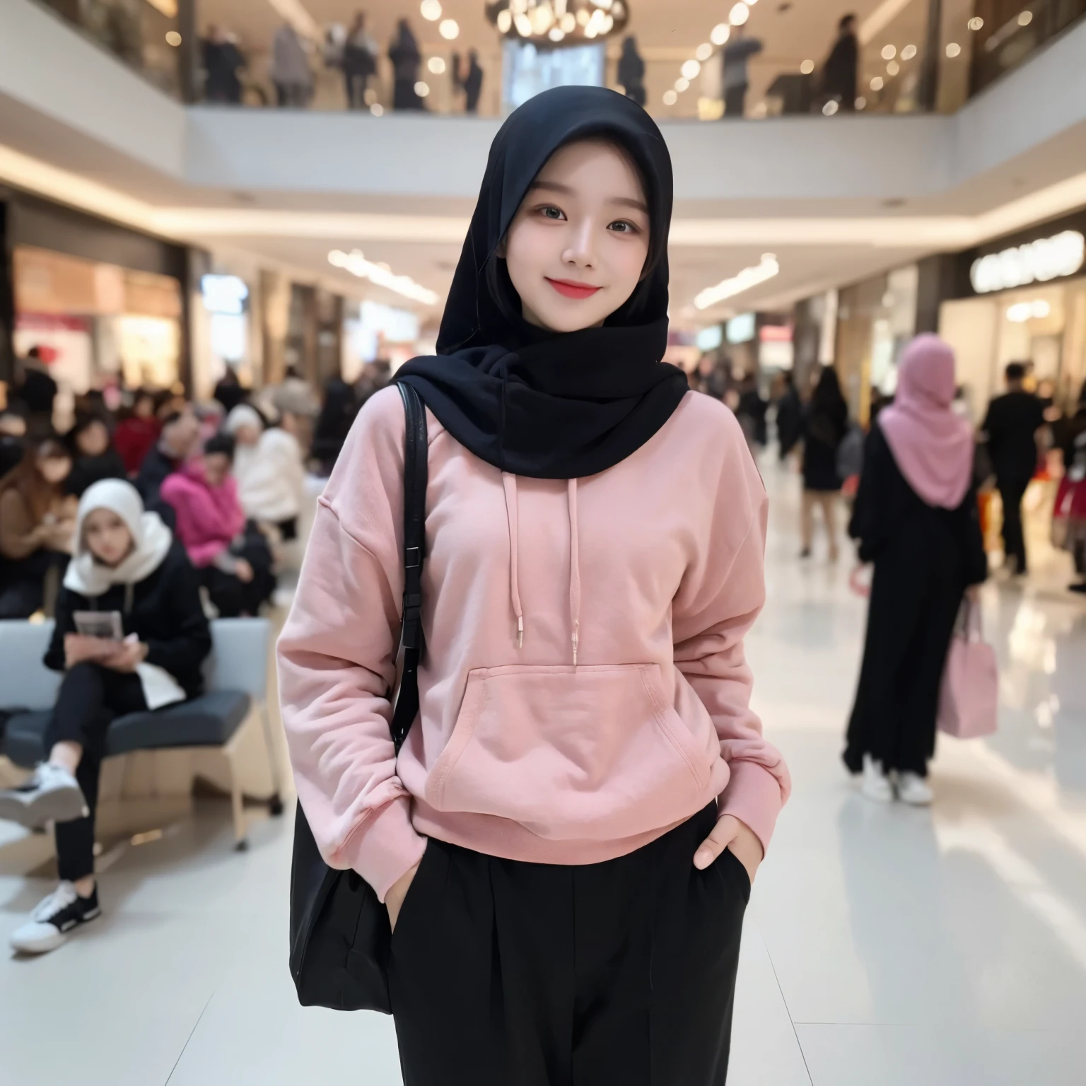 20 years old, pure beauty, Danfeng Eyes, double eyelids, an Asian woman, wearing a black hijab, pink hoodie, black trousers, white shoes, looks like an Asian, background in a busy mall, stylish, smile: 1.2, Filter rendering, eyeshadow, perfect eyes, Ultra-fine, HD, HD, HD picture quality, detail, 18k ultra HD resolution, top effects, masterpiece, Half-length photos.