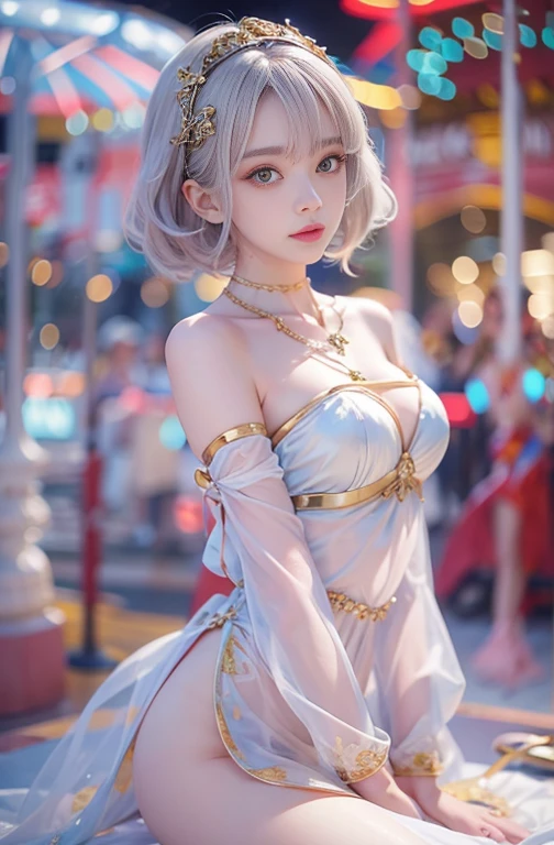 18-year-old, Wide-angle lens, Woman in ancient Greek costume、Woman enjoying merry-go-round at night,Shoulder out、thin、Serious expression、Short-haired、Deadly position, Gorgeous Necklace, Light milky porcelain skin, Smooth, Translucent white skin, Enchanting anime girl, Beautiful and seductive anime woman, Super realistic sweet bunny ears girl, Pale porcelain white skin, Smooth, Realistic and perfect body, Anime Girl Cosplay, Perfect body with realistic shadows, Switzerland&#39;masterpiece, There is a real white rabbit. Red eyes and blue eyes 