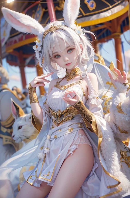 18-year-old, Wide-angle lens, Woman in ancient Greek costume、Woman enjoying merry-go-round at night,Shoulder out、thin、Serious expression、Short-haired、Deadly position, Gorgeous Necklace, Light milky porcelain skin, Smooth, Translucent white skin, Enchanting anime girl, Beautiful and seductive anime woman, Super realistic sweet bunny ears girl, Pale porcelain white skin, Smooth, Realistic and perfect body, Anime Girl Cosplay, Perfect body with realistic shadows, Switzerland'masterpiece, There is a real white rabbit. Red eyes and blue eyes