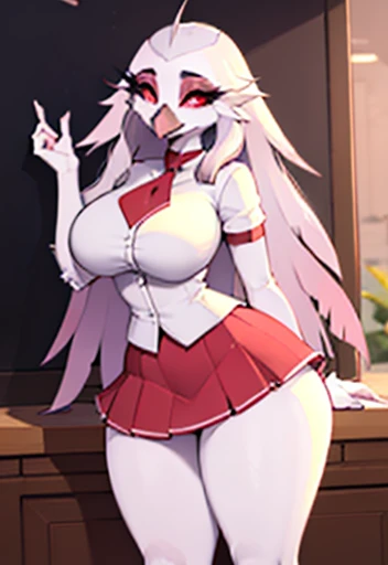 (((best quality, artwork))), Stella (Helluva Boss), furry demon BIRD female, white body,shirt , wide hips, wearing pink short skirt ,red eyes ,(( female Focus)) ,long white hair Style , white pupils