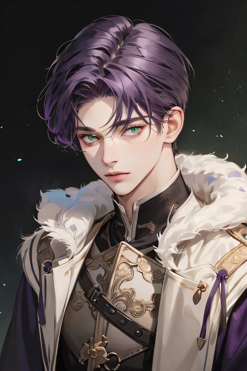 (Best quality),adult,1 manly, male, mature, very tall, elegant, (((very short dark purple hair))), green mint eyes, perfect eyes, dark purple hair, medieval fantasy style,  richly textured background, soft lighting, portrait style, painting style, deep colors, half body, perfect, half body, big body, look at camera