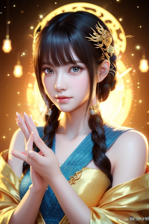 High quality CG illustration,((highest quality)), ((masterpiece)), (detailed), Perfect Face,Japanese Goddess,Soft atmosphere,,Long Hair,Big eyes,cute,Portrait photos,A pale blue crystal glowing in both hands,Golden Screen Goddess,k rich man,God of fortune,The goddess,whole body,Dragon gods all around,,,,,,,,,,,,,,,,,,,,
