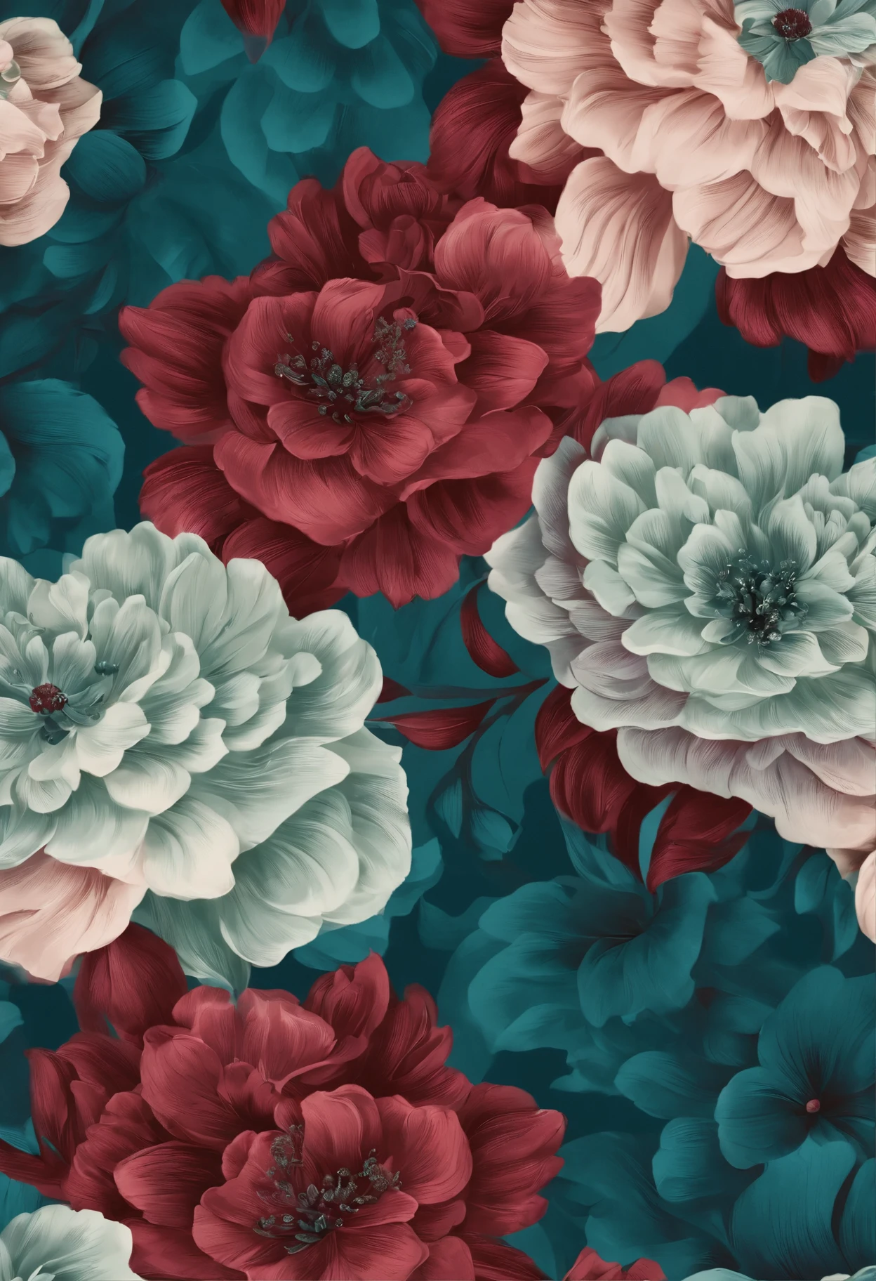 Beautiful repeating floral pattern in jewel tones, 3D Effects, Ultra-photorealism , Pinterest, The color hex code is 5ABCB9, 63E2C6, FB6376, 613F75, 0C6291 only, Flowing, wallpaper, Artistic