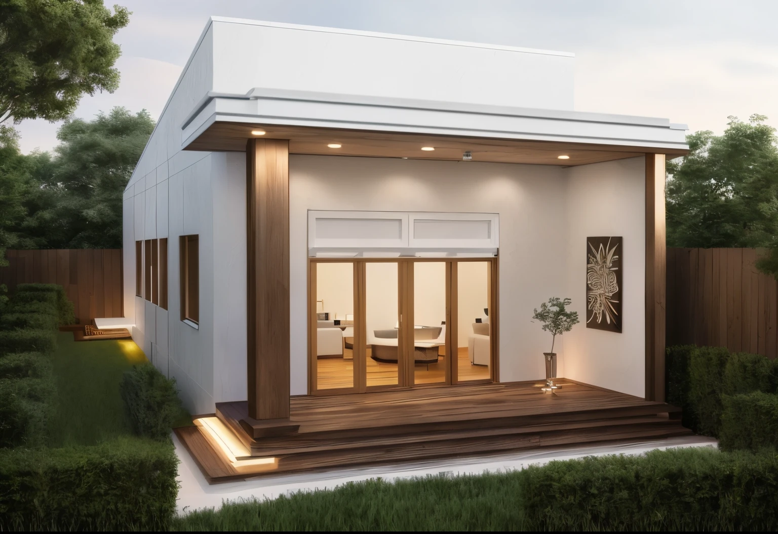 exterior, (DAY), day light, (chef-d'artwork),(high quality), best quality, real,(realistic), super detailed, (all the details),(4k),8k,modern house exterior design,architecture moderne,beau_ciel,partiellement_nuage,coucher de soleil, Non_humains, en plein air,ciel,arbre, ((minimalist)), window, door