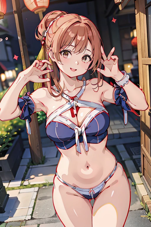 (NSFW)、Photorealistic perfect body、Ultra-high image quality、Ultra-high realistic image quality,(with sparkling eyes and a contagious smile),(her thin pubic hair:1.4),(Japan Gal:1.3)、(Teenage face:0.8)、(cute bikini)、(twin)、(medium-breasted:1.2)、(cleavage of the breast:1.3)、(Gravure Pose:1.4)、(Cowboy Shot、Thigh up:1.2)、Waist slender、(bangss)、(brown hair color:1.1)、(voluminous curly hair:0.3)、(long hair:1.2)、(Chain Belt)、(good lighting)、(blurry backround)、A smile、Gal Style Makeup、Gal style earrings、Gal style bracelet、(Gal style long necklace、Cross Ornament:1.3)、shopping street,happy smile, smiling,((Very happy smile))、Show shoulders、Complex patterns and transparent materials、Artistic depiction of seductive women, Emphasizes her charming silhouette,

