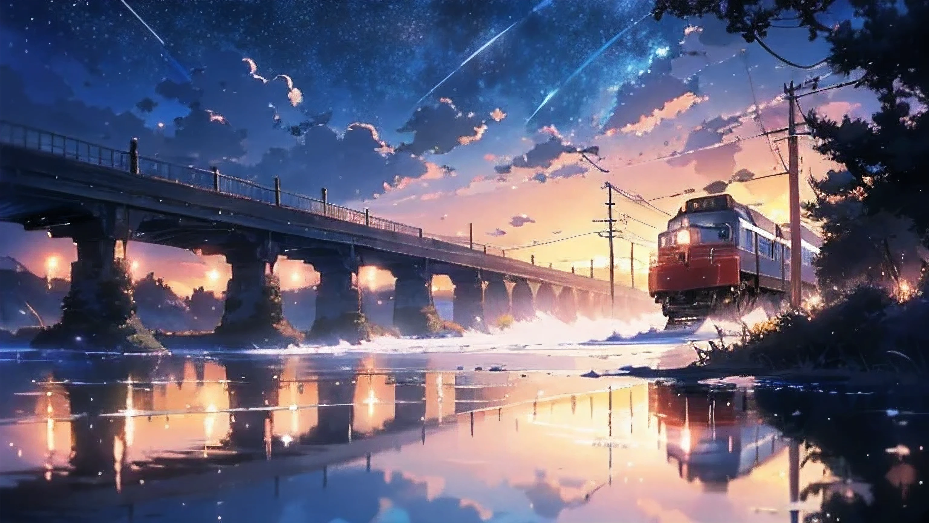 High quality masterpiece, landscape, Animated train passing through water on the tracks, Bright starry sky. break Romantic train, Pixiv, Concept Art, Lofi Art style, reflection. by makoto shinkai, Lofi Art, Beautiful anime scene, break Anime landscape, detailed landscape — width 672, in Makoto Shinkai's Style, Makoto Shinkai's Style, Enhanced detailed, break,detailed,Realistic,Highly detailed digital art in 4K,Octane Rendering, Bioluminescent, break 8K resolution Concept Art, realism,By Mappa Studio,masterpiece,highest quality,Official Art,figure,Clear lines,(nice_color),Perfect composition,Absurd, Fantasy,Concentrated,Three-part method
