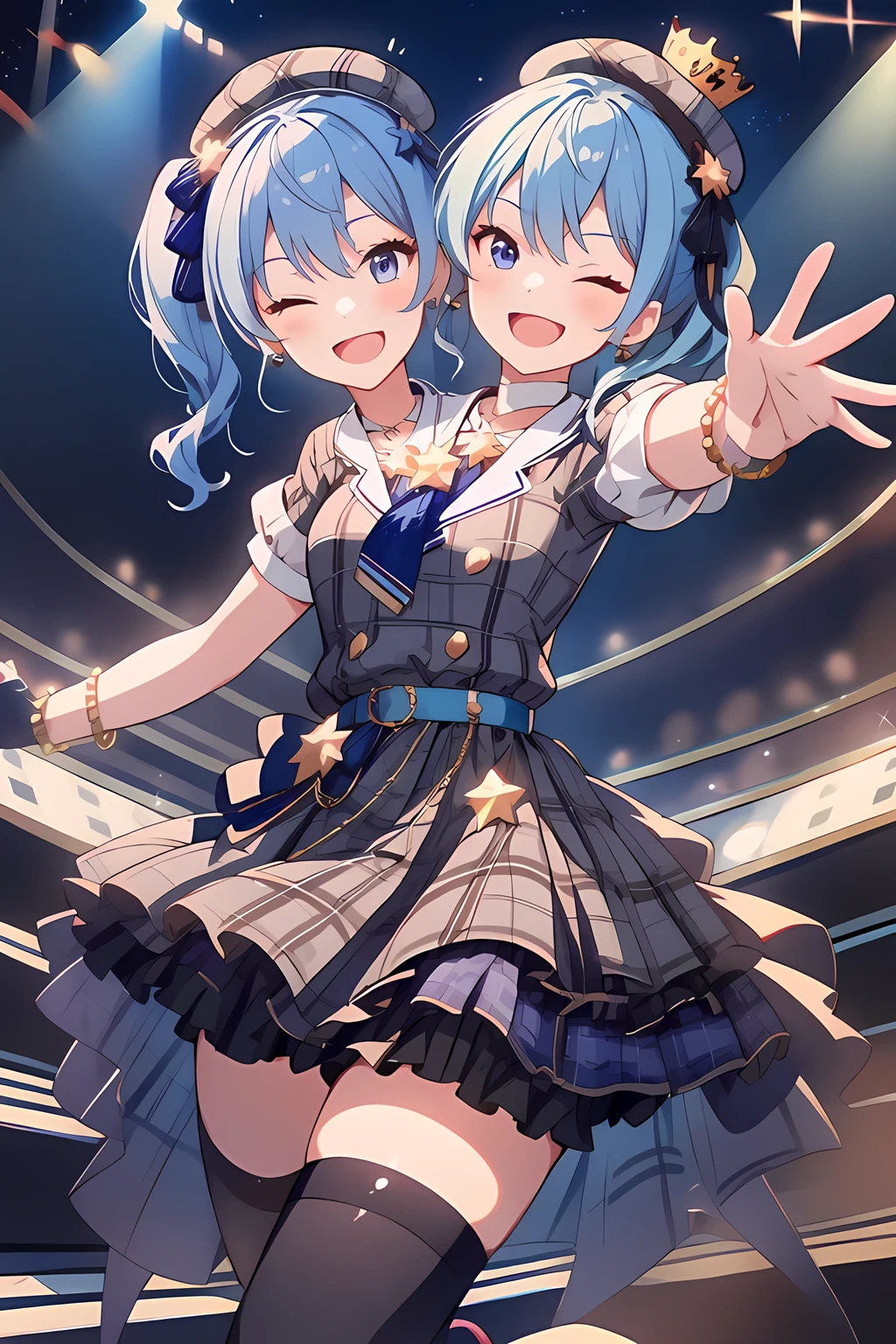 (masterpiece, best quality), best resolution, 16k, (2heads:1.5), close-up, 1girl, solo, HoshimachiSuisei, side ponytail, blue hair ribbon, SuiseiBase, plaid beret, crown, blue star choker, star earrings, blue ascot, plaid jacket, plaid skirt, layered skirt, partially fingerless gloves, star bracelet, uneven legwear, thigh strap, standing, ((cheek to cheek)), (open arms, outstretched arms, hands open), smile, open mouth, one eye closed, singing, dacing, look at viewer, exciting, concert stage, starfield, spotlight