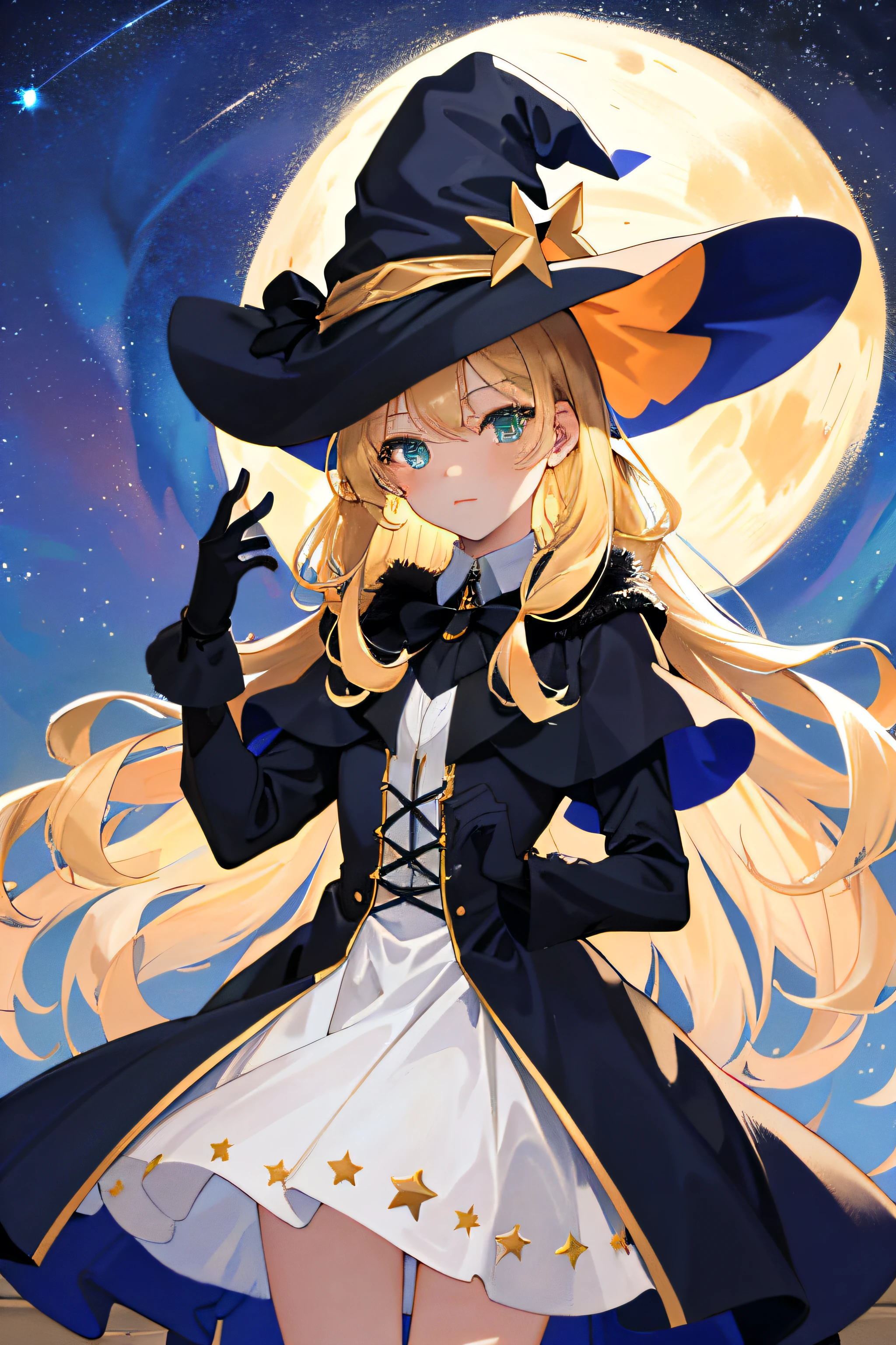 ((Obra maestra:1.2, mejor calidad)), 1 chica, Solo, (sombrero de bruja), pelo rubio, pelo largo, vestido, Aurora, noche, estrella (cielo), guantes, cielo, White vestido, noche days