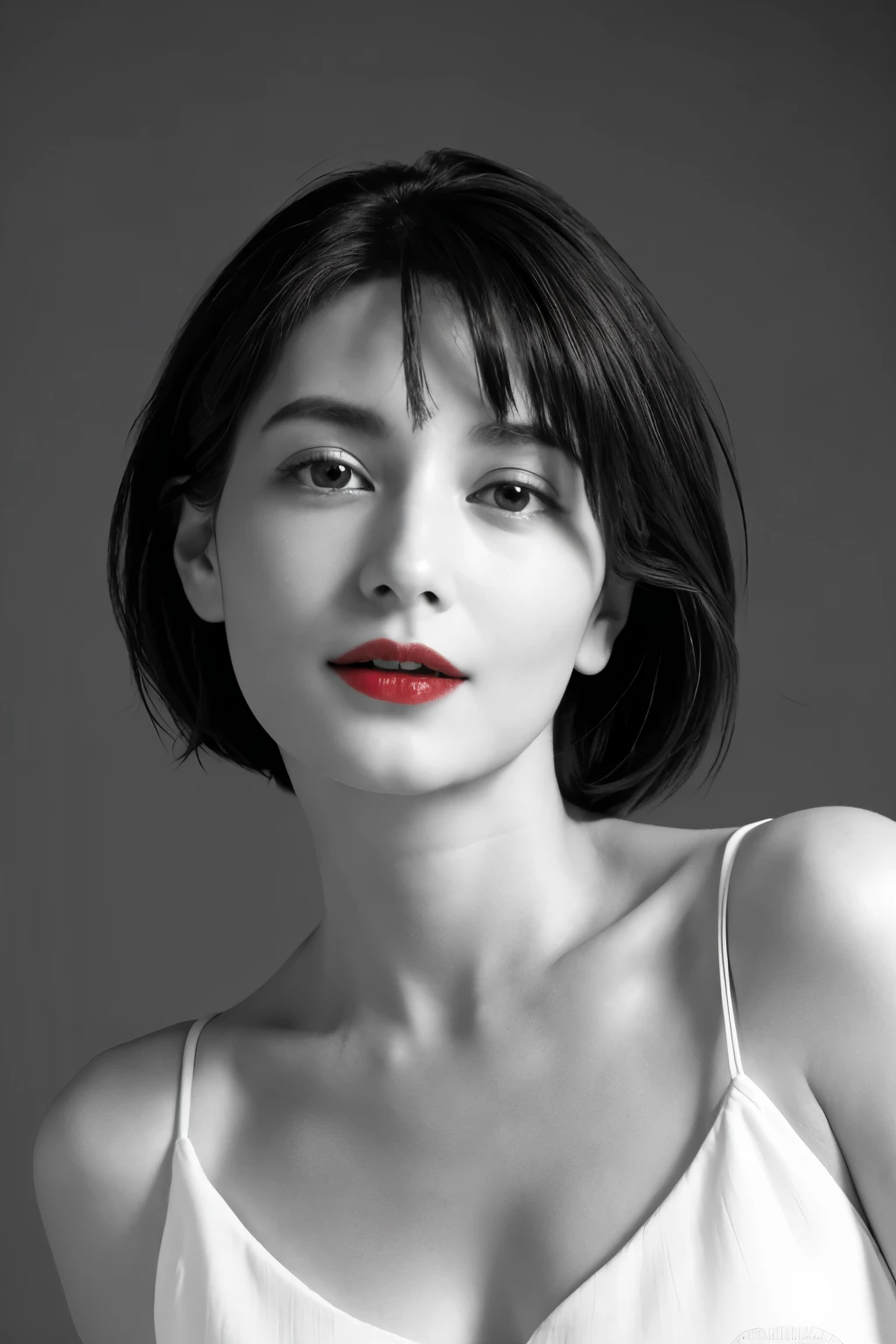 Tabletop, highest quality, Photorealistic, Very detailed, finely, High resolution, 8k wallpaper, RAW Photos, Professional, High level of detail, (((Black and white photography))), 1 girl, (Look forward), Upper Body, short hair, Shapely small breasts, Perfect Face, (((Only lips red))), (Looking at the camera), (From below)