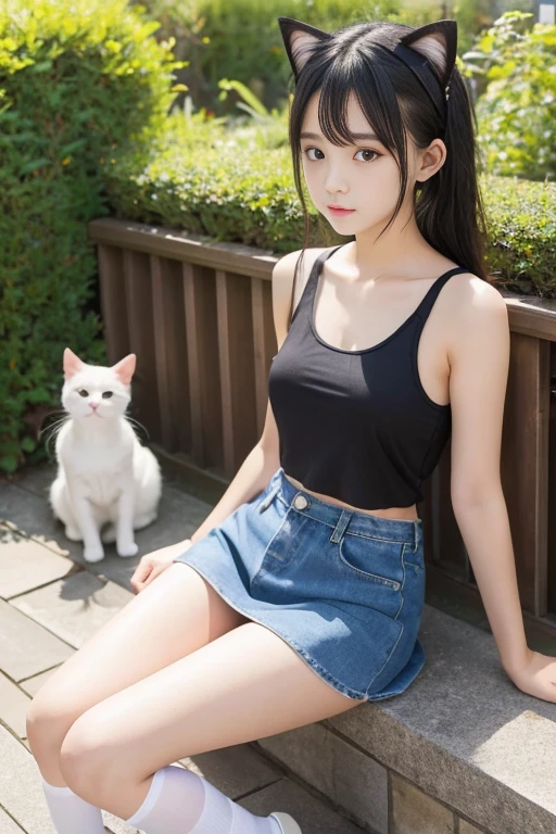 8k,Japanese,10 years old,Innocent face,Teenage Girl,cute,mini skirt,Casual wear,Sitting,Black Hair,garden,Hair Clip、Cat ear、Light clothing、soaked、Cheerleader、cute、High exposure、Spreading her legs wide、See-through fashionable clothes、Show pants、Knee-high socks、Absolute area、camisole、Baggy tank top、I'm on my knees