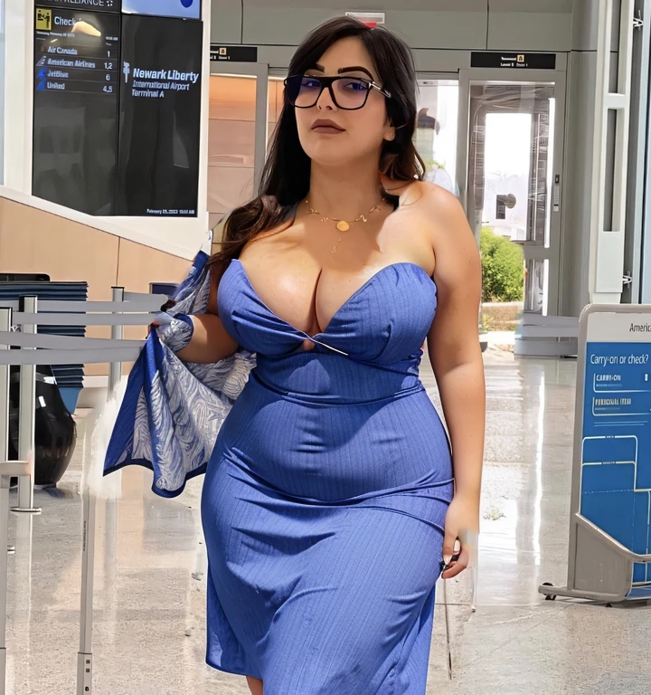 Colored Summer strapless dress, curvy, curvy thighs, large breasts, deep cleavage, flat stomach match skin color, thick hips