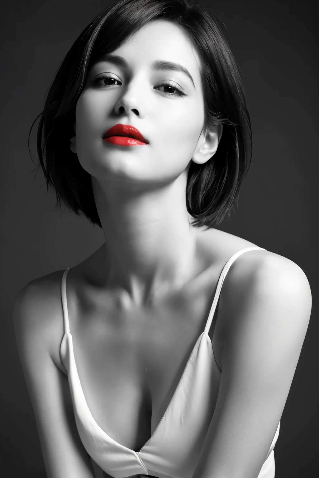Tabletop, highest quality, Photorealistic, Very detailed, finely, High resolution, 8k wallpaper, RAW Photos, Professional, High level of detail, (((Black and white photography))), 1 girl, (Look forward), Upper Body, short hair, Shapely small , Perfect Face, (((Only lips red))), (Looking at the camera), (From below)