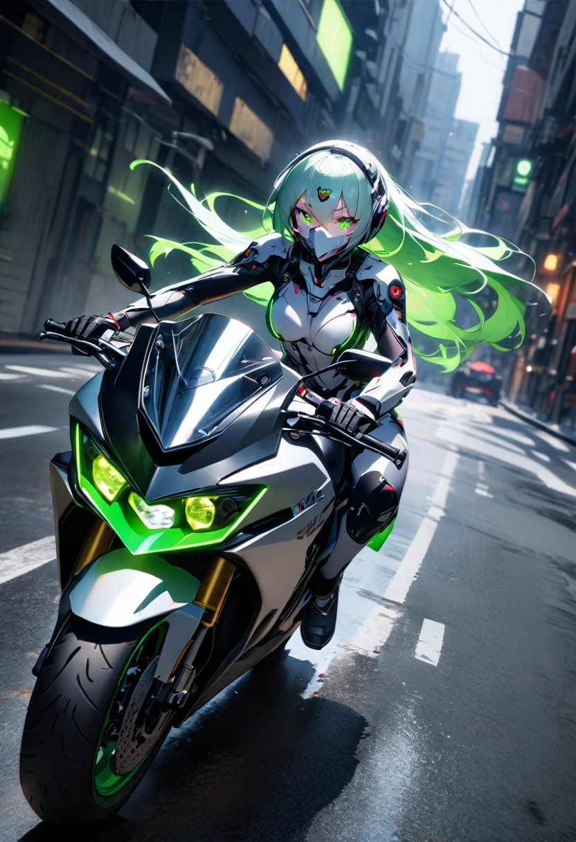 High quality, high definition images, full HD、
8k.(1 white long hair ai cyborg girl )、(black on white cyborg body) , Wear a white cyborg style motorcycle helmet 、many mechanisms are visible,Many green lights on the exterior、Riding a modern bike、white and black modern motorbike ,green light on the exterior、Running on a bike,The background flows amazingly,