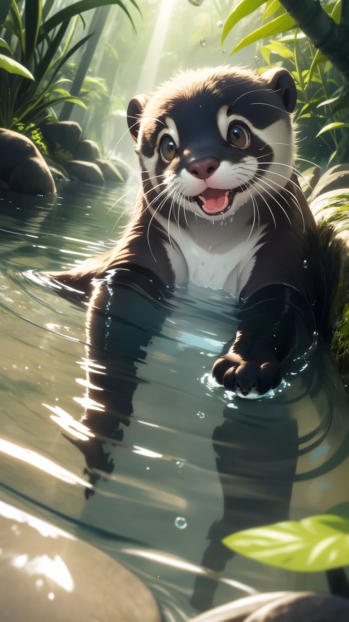 (best quality,highres,masterpiece),ultra-detailed,(realistic,photorealistic,photo-realistic),cute otter, playful expression, shiny wet fur, watery environment, glistening river, reflection of sunlight, ripples in water, joyful playfulness, charming little paws, innocent gaze, happy otter family, dense forest background, splash of water, curious eyes, mischevious smile, colorful underwater plants, clam shell in its paws, playful otter slides down the river bank, jumping out of water, twinkling water droplets, adorable floating otters