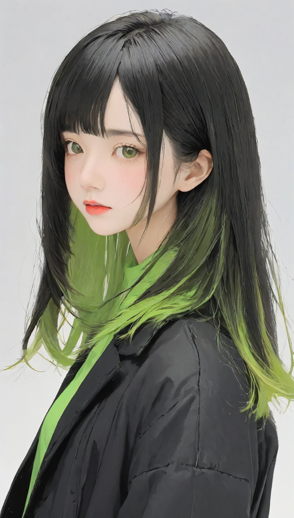 masterpiece、White background、18-year-old female、Casual attire such as a black or green jacket、Black-haired、Waist-length hair、Character setting diagram、The tips of the hair are golden、