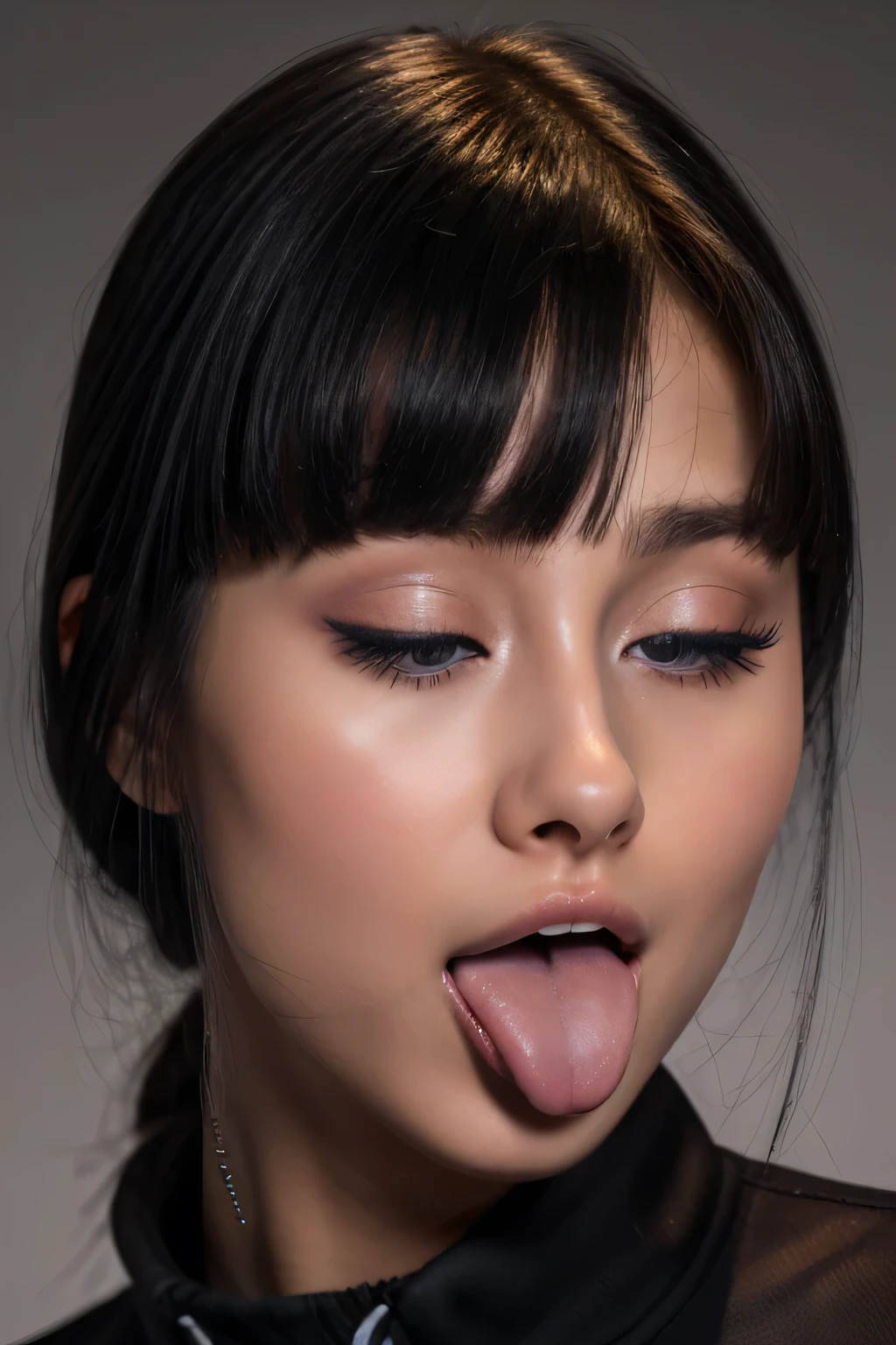 ,1 girl、Taylor Hill、1 girl、超High resolution, retina, Accurate, masterpiece, Anatomically correct, Super Detail, Textured skin, Attention to detail, high quality, High resolution, 8k、、Big double eyes、nose、The focus is on the mouth、close-up focus on face、Woman with open mouth and closed eyes、18-year-old、Black Hair、tongue out, tongue, Drooling, Ahegao, long tongue, Verbal invitation, Pulling the hair back, Gray background,Half Backlight,