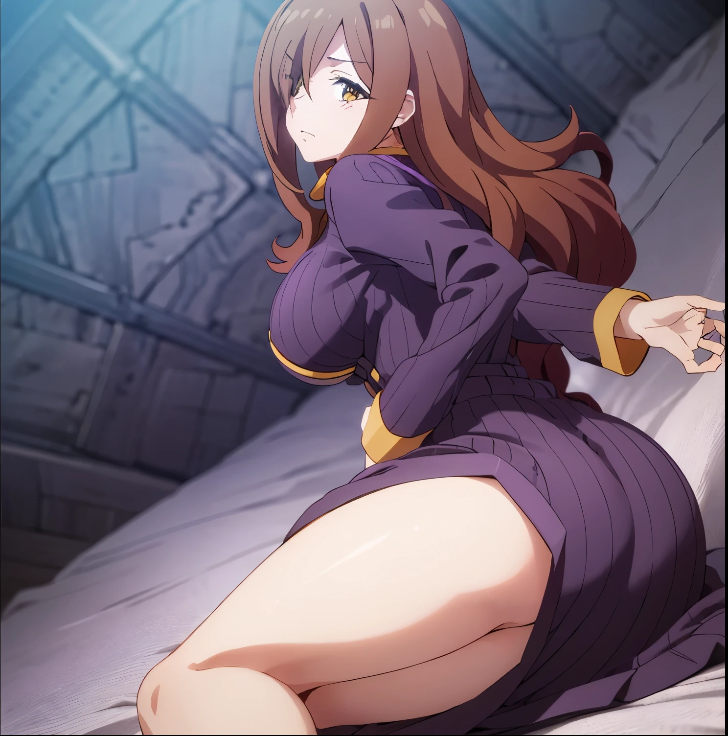1 girl, solo, Wiz, masterpiece, best quality, anime coloring, hair over one eye, long brown hair, brown eyes, (purple ribbed dress: 1.4), bare legs, room, bedroom, night, good lighting, sitting on the bed, legs open, frown, arms crossed, blue sky, big breasts, medium waist, wide hips, medium thighs, round butt, facing the viewer, from behind, point of view (from below), perfect hands, anatomy perfect