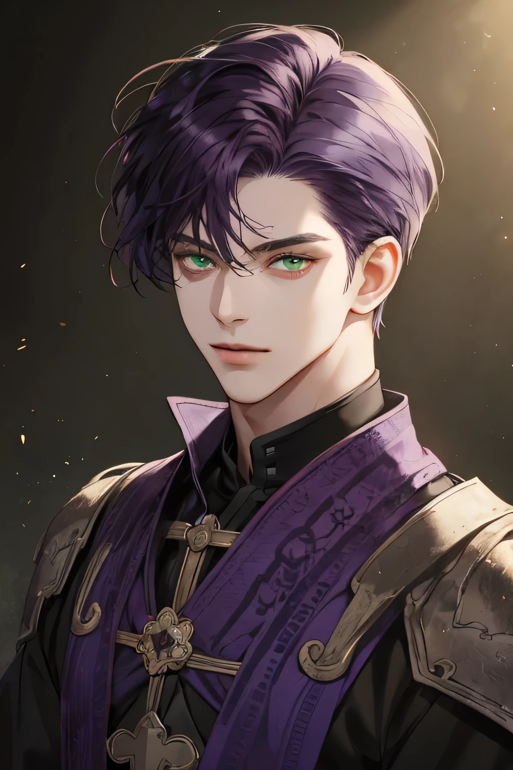 (Best quality),adult,1 manly, male, mature, very tall, elegant, (((very short dark purple hair))), green mint eyes, perfect eyes, dark purple hair, medieval fantasy style,  richly textured background, soft lighting, portrait style, painting style, deep colors, half body, perfect, half body, big body, look at camera