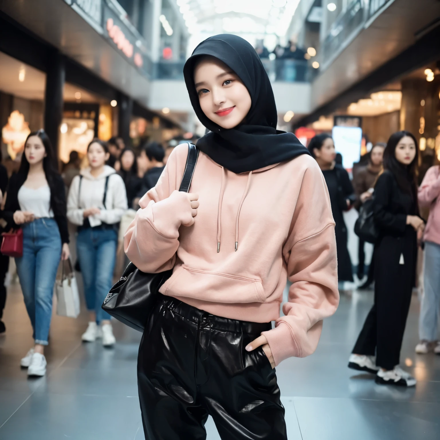 20 years old, pure beauty, Danfeng Eyes, double eyelids, an Asian woman, 20 years old, wearing a black hijab, pink hoodie, black trousers, white shoes, looks like an Asian, background in a busy mall, stylish, smile: 1.2, Filter rendering, Ultra-fine, HD, HD, HD picture quality, detail, 18k ultra HD resolution, top effects, masterpiece, Half-length photos.