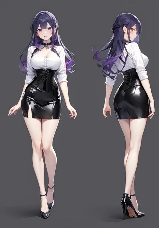 Purple hair,long hair,Adult female,(Bartender),((Rolling up your sleeves shirt)),(Corset),(Tight skirt),(high heels),((Simple background)),Smile,((Full body)),((whole body)),Character Sheet,