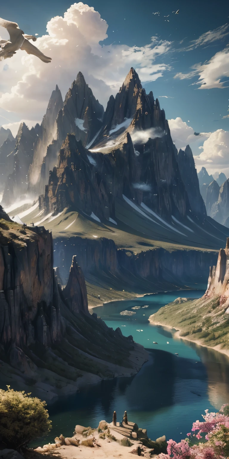 masterpiece, Best quality, high quality, Extremely detailed CG unity 8k wallpaper, landscape, outdoor, sky, Cloud, sky, non-human, mountain, scenery, water, tree, blue sky, aguafall, cliff, nature, lake, river, Nubey skies, award winning photography, bokeh, depth of field, HDR, bloom, chromatic aberration, photorealism, Highly detailed, trending on artstation, trending on cgsociety, intricate, High detail, Dramatic, midway art