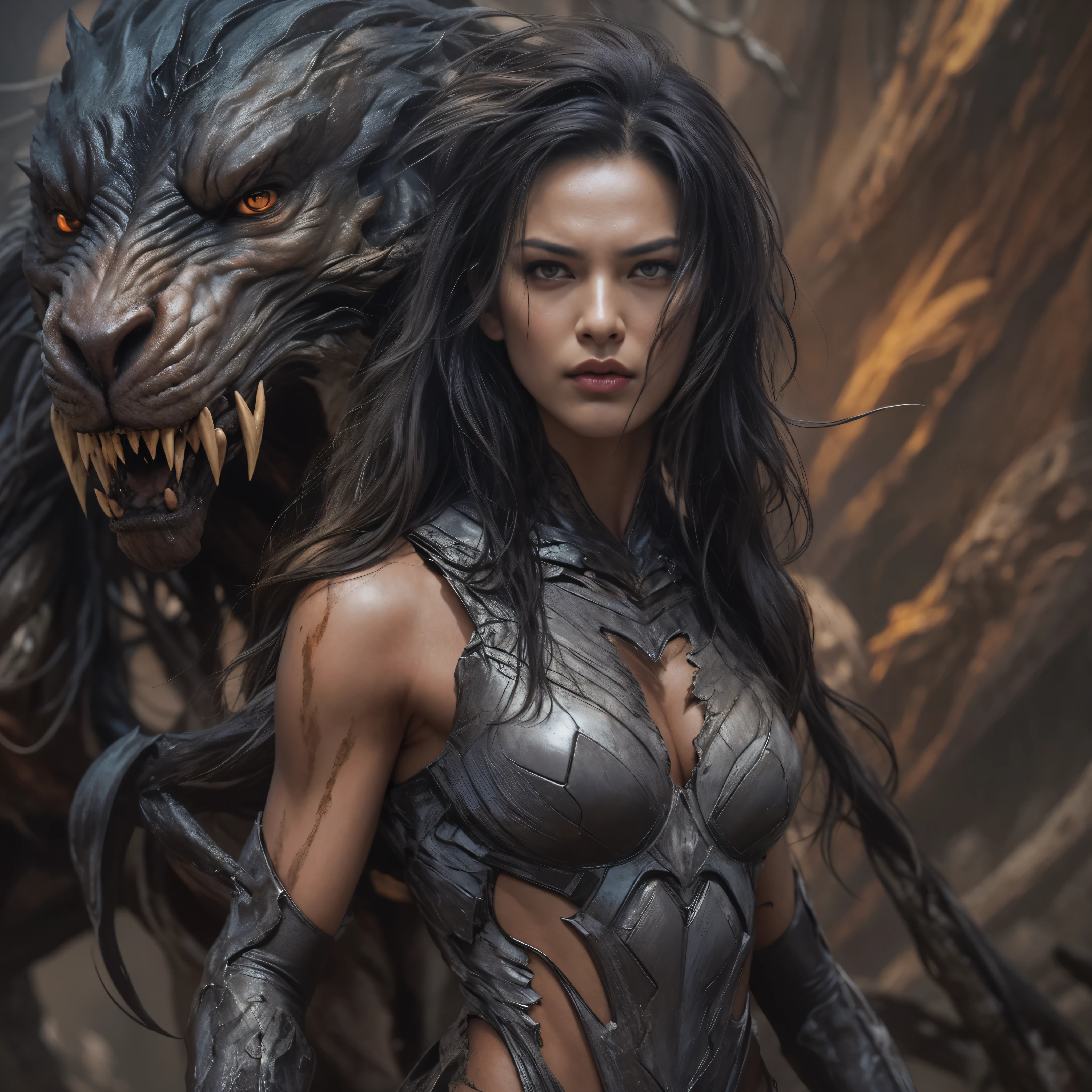 1 female alien, The predator, (extremely beautiful:1.2), (intense gaze:1.4), (predator:1.1), long dark claws, (NSFW:0.8), nipples, thick eyebrows, (shine orange eyes:1.2), the most beautiful face in the universe,  jet black hair, symmetrical beautiful eyes,

A woman predator with an extremely beautiful face, her intense gaze fixed on her prey, a primal force that could not be denied.

(beautiful lean body:1.5), (muscular build:1.2), (prowling:1.3), (sleek movements:1.4)

Her beautiful body, muscular and toned, moved with sleek grace as she prowled, ready to strike at a moment's notice. The predator within her was always on,                                                                          
                                                                                                                                                               
 cinematic drawing of characters, ultra high quality model, cinematic quality, detail up, (Intricate details:1.2), High resolution, High Definition, drawing faithfully, Official art, Unity 8K wall , 8K Portrait, Best Quality, Very High resolution, ultra detailed artistic photography,