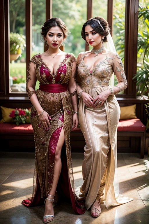 2girl, two beautiful Malay womans, purple kebaya, traditional clothes, standing togethers, long straight hairs with ornaments, heavy make up, red lipstick, curvy body, thick tighs, large , absolute cleavage, natural skins, flower garden background, bokeh, realistic, hd