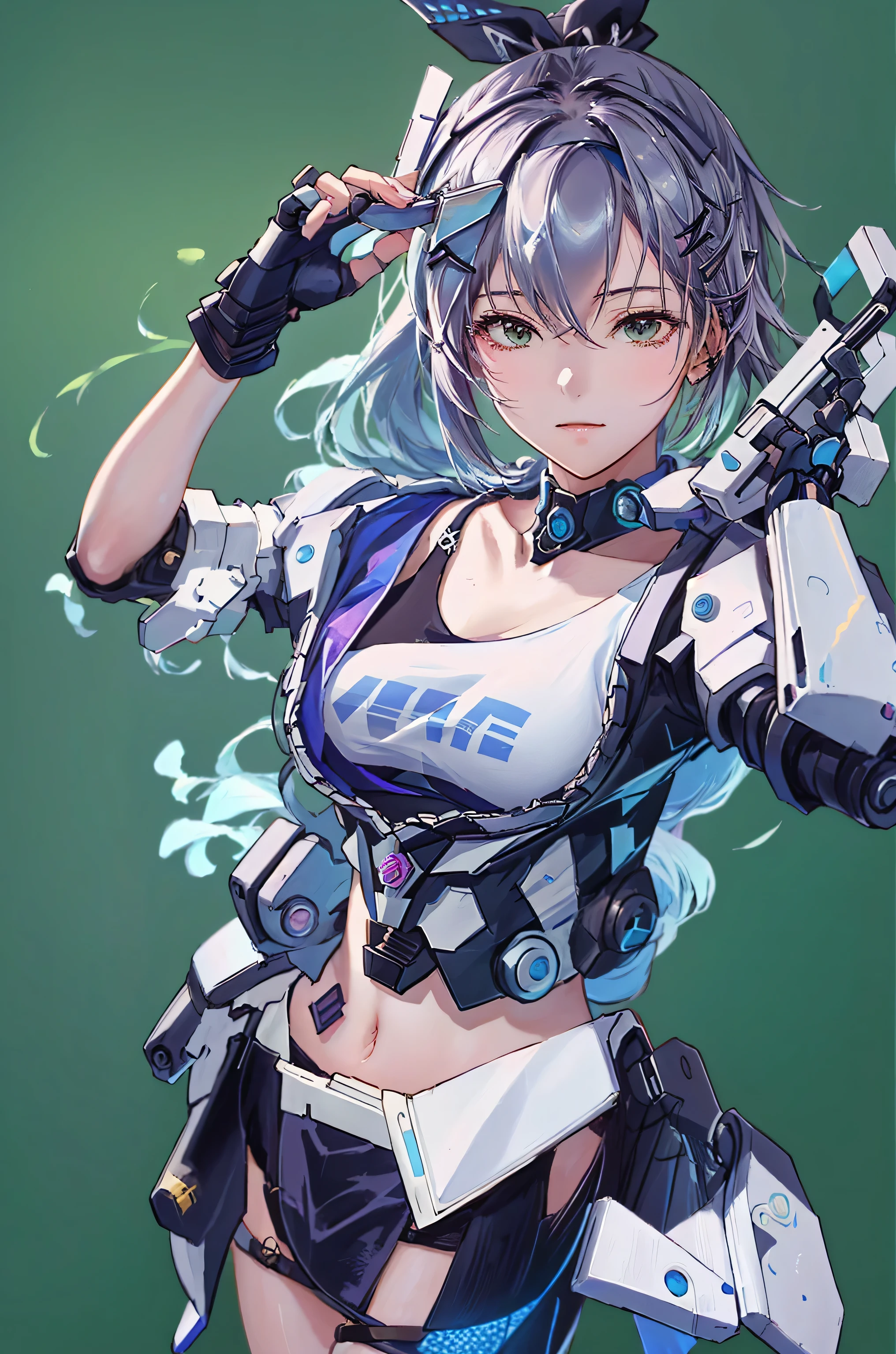 anime girl with a gun in her hand and a green background, kantai collection style, from girls frontline, oppai cyberpunk, mechanized soldier girl, mechanized valkyrie girl, perfect android girl, best anime 4k konachan wallpaper, android heroine, biomechanical oppai, (sfw) safe for work, inspired by Leng Mei, cyber school girl