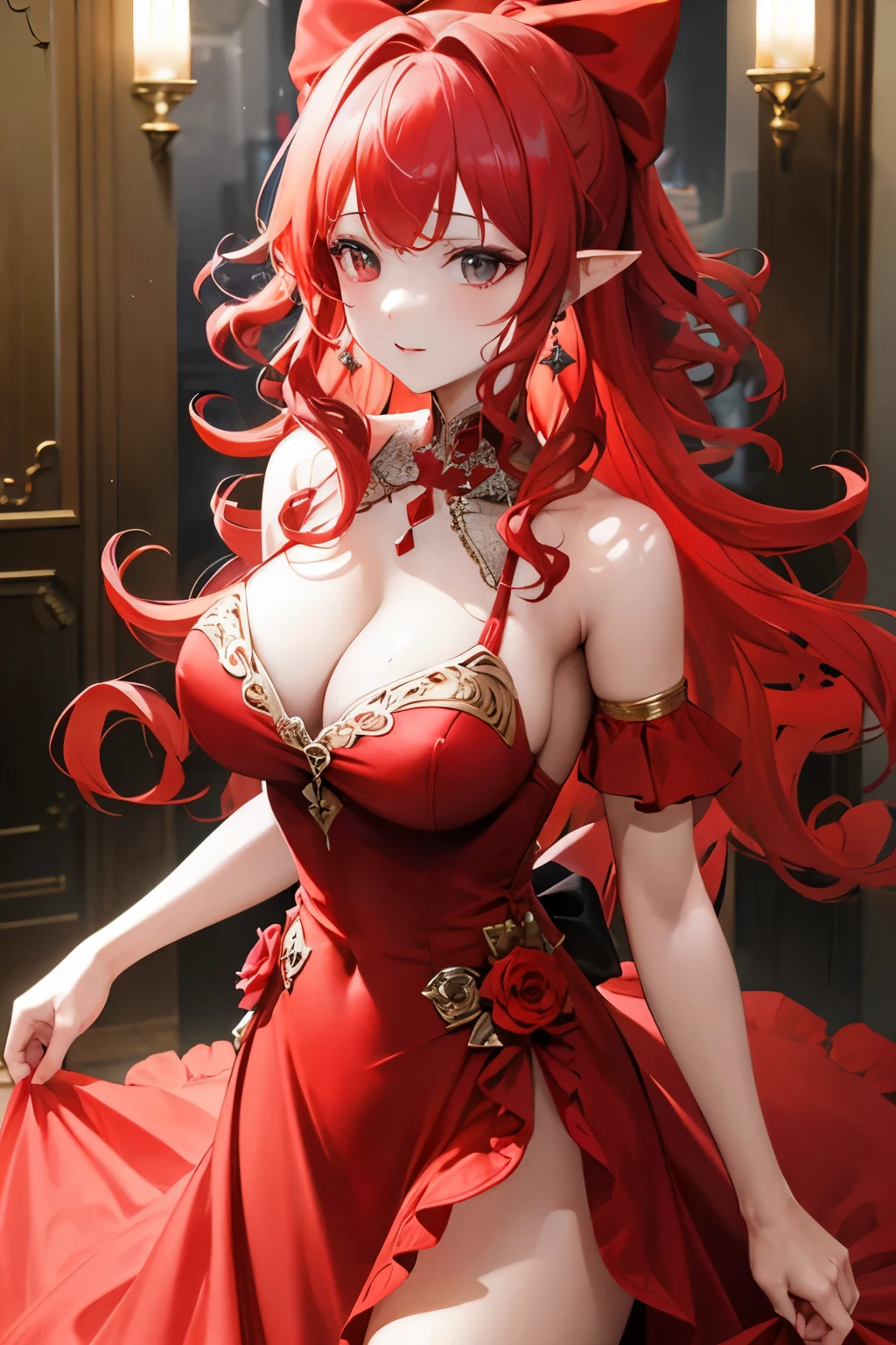 red hair, curly hair, expressive hair, hair bow, crystal earrings, cowboy shot, ((masterpiece)), textured skin, (super detail), high details, best quality, noble, ((princess)), (luxurious dress), exposed shoulders, silk gloves, colorful flowers, long pointy ears
